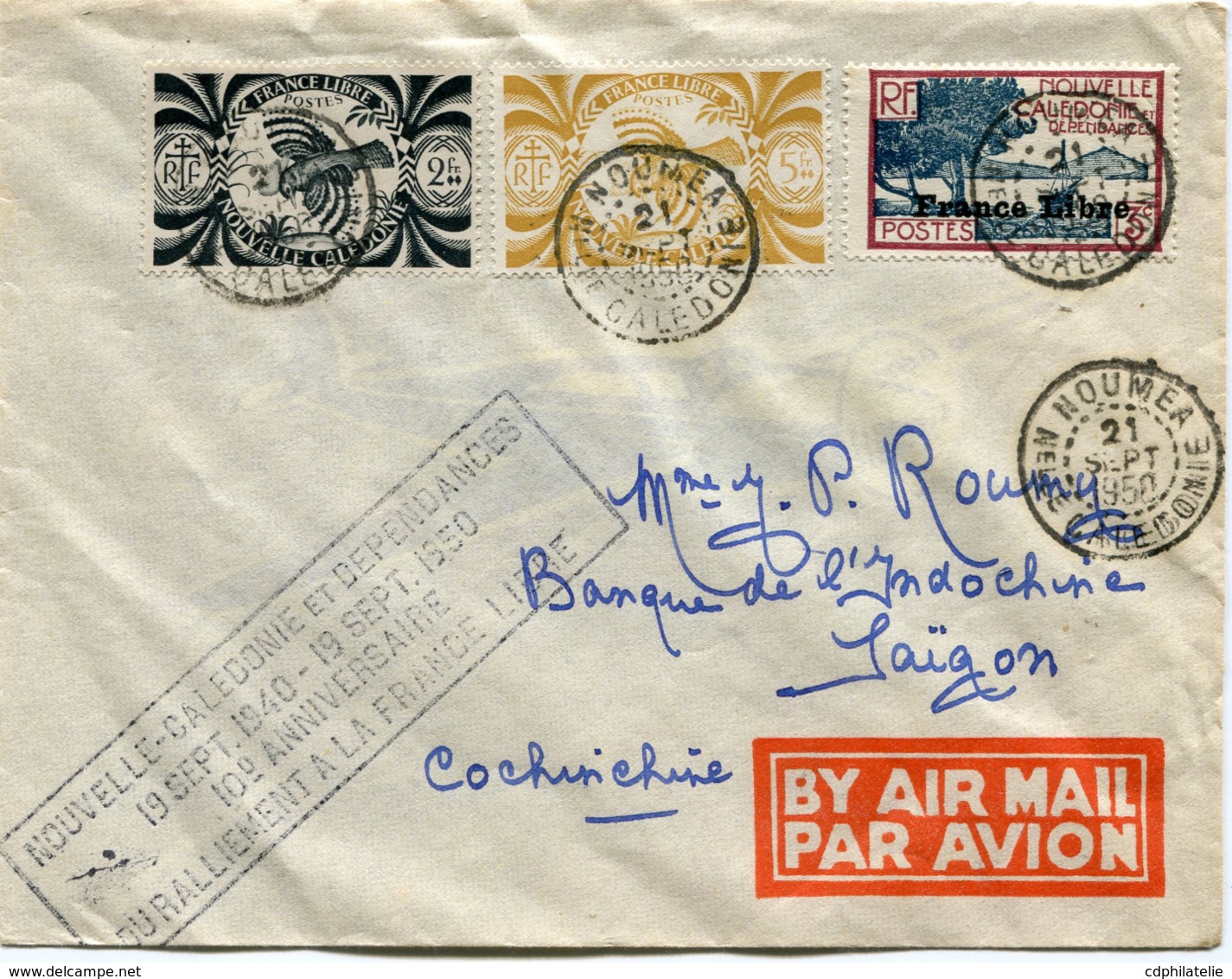 NOUVELLE-CALEDONIE LETTRE PAR AVION AVEC CACHET "NOUVELLE-CALEDONIE......19 SEPT 1940-.." DEPART NOUMEA 21 SEPT 1950.... - Cartas & Documentos