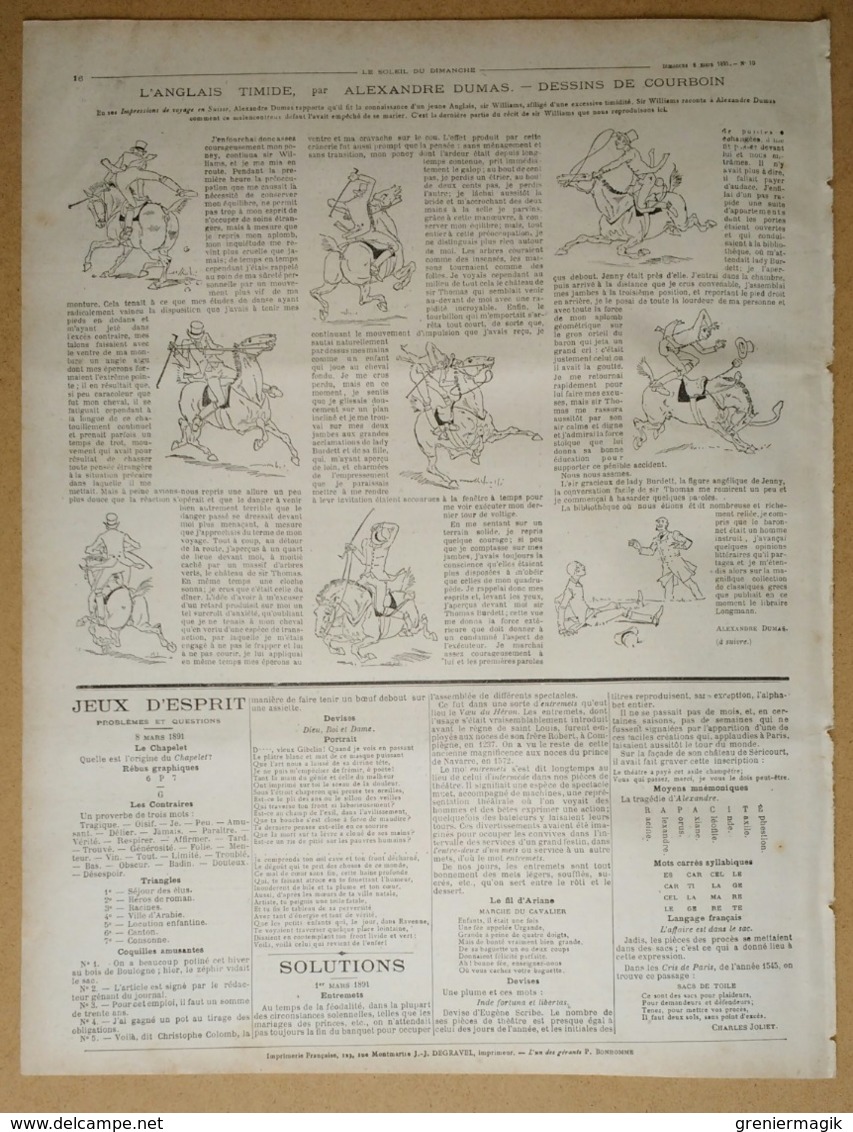 Le Soleil Du Dimanche 8/03/1891 Drame Sur Une Locomotive - Football Lycée Michelet école Alsacienne - Alexandre Dumas - 1850 - 1899