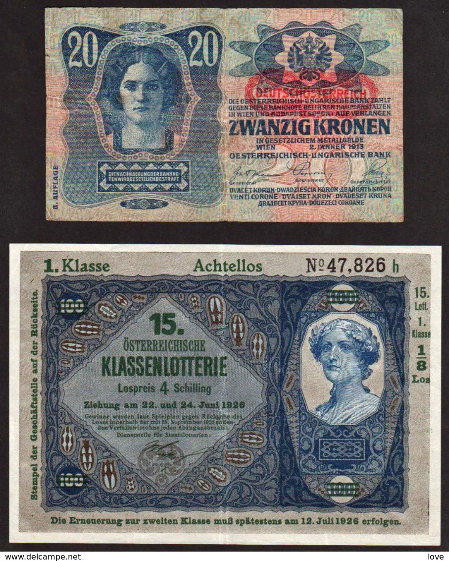 AUTRICHE: Bon Lot De 2 Billets: 20 Kr De 1913 Surchargé ........... - Autriche