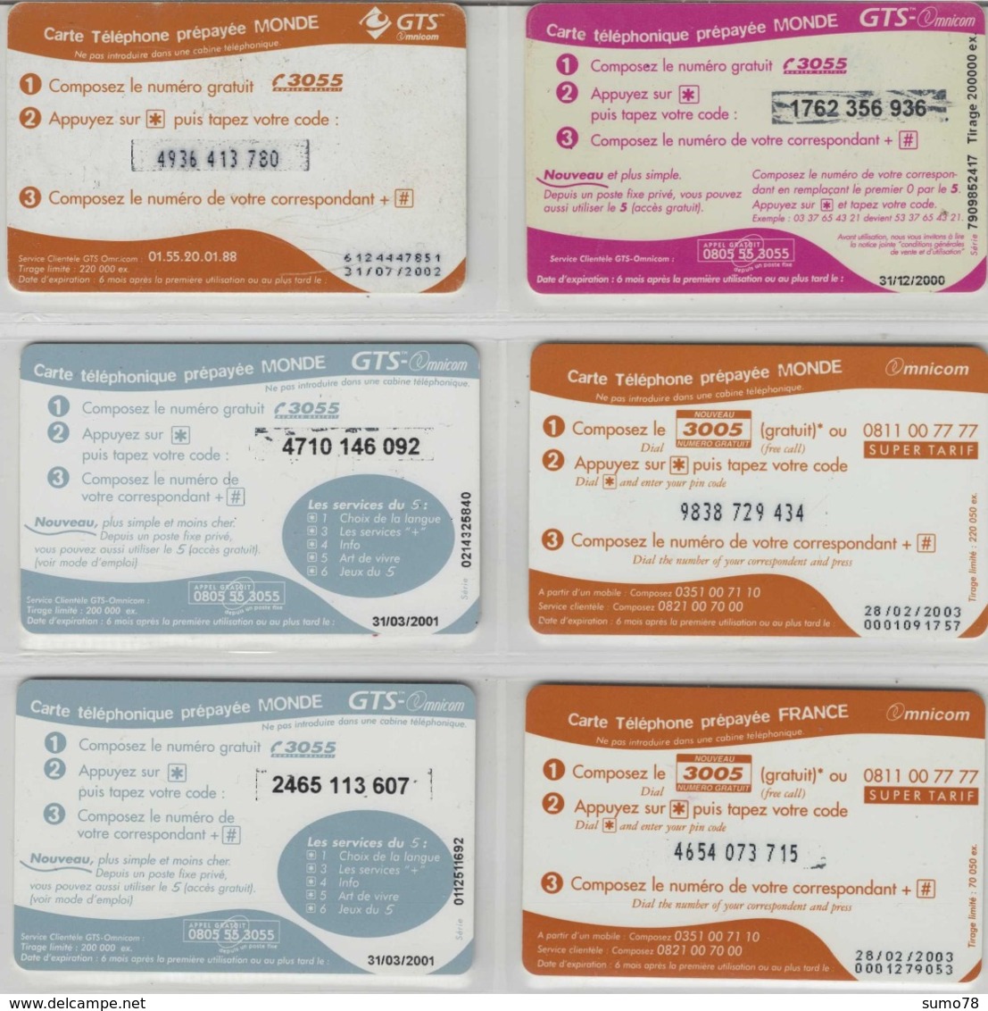 Lot De 6 Cartes Prépayées Différentes - OMNICOM   -  Prépaid  - (valeur Et/ou Verso  Différent) - Andere & Zonder Classificatie