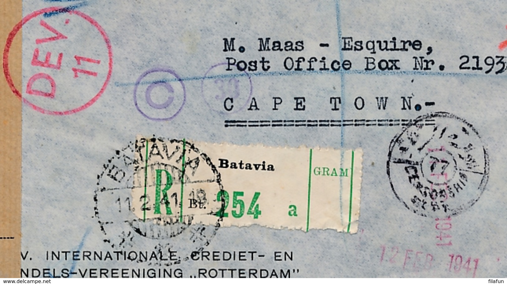 Nederlands Indië - 1941 - 1 Gld & 15 Cent Wilhelmina Op Censored Business Cover By KLM Van Batavia Naar Cape Town - Nederlands-Indië
