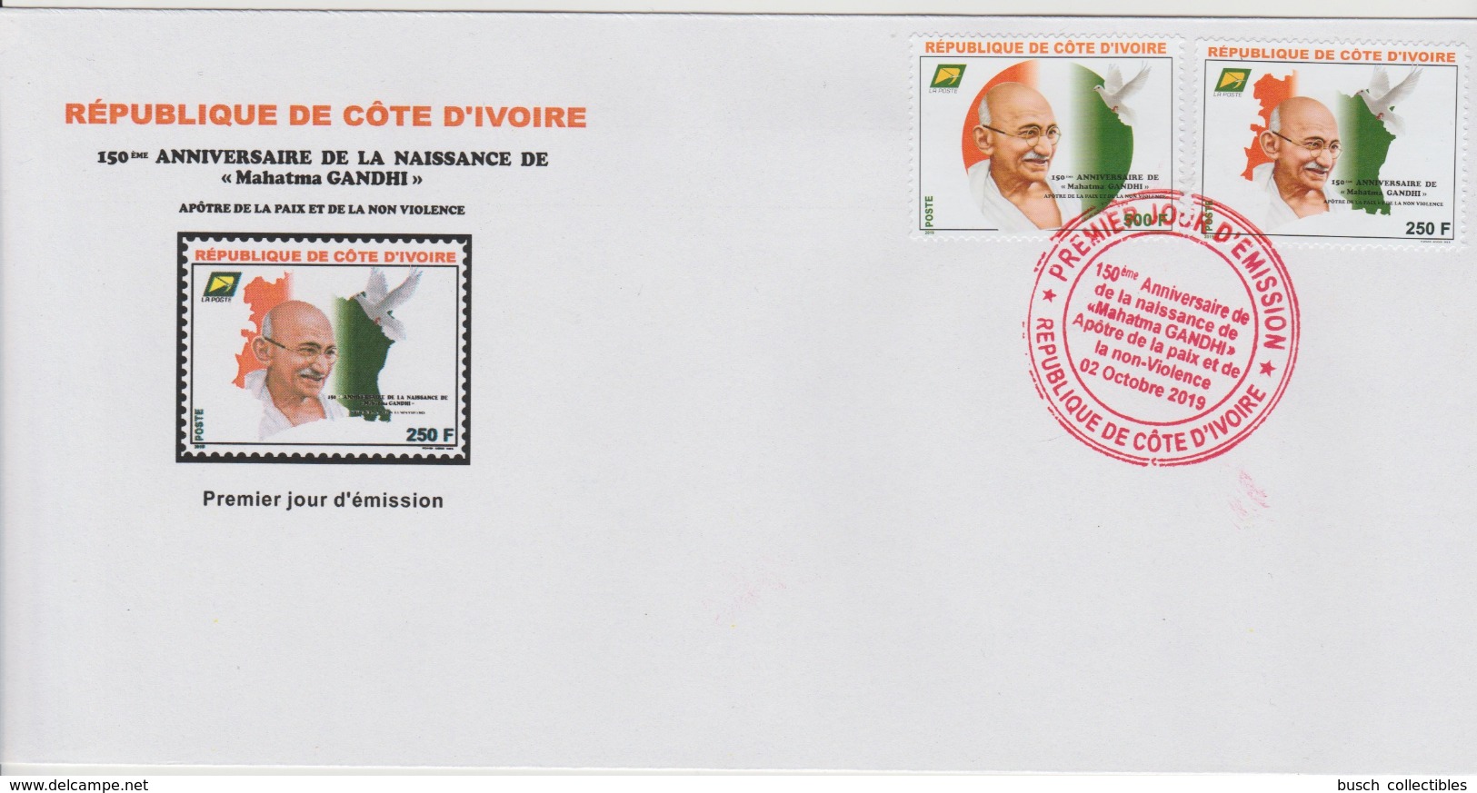 Côte D'Ivoire Ivory Coast 2019 FDC 1er Jour Mi. ? 150ème Anniversaire Mohandas Mahatma Gandhi Peace Dove Bird - Gemeinschaftsausgaben