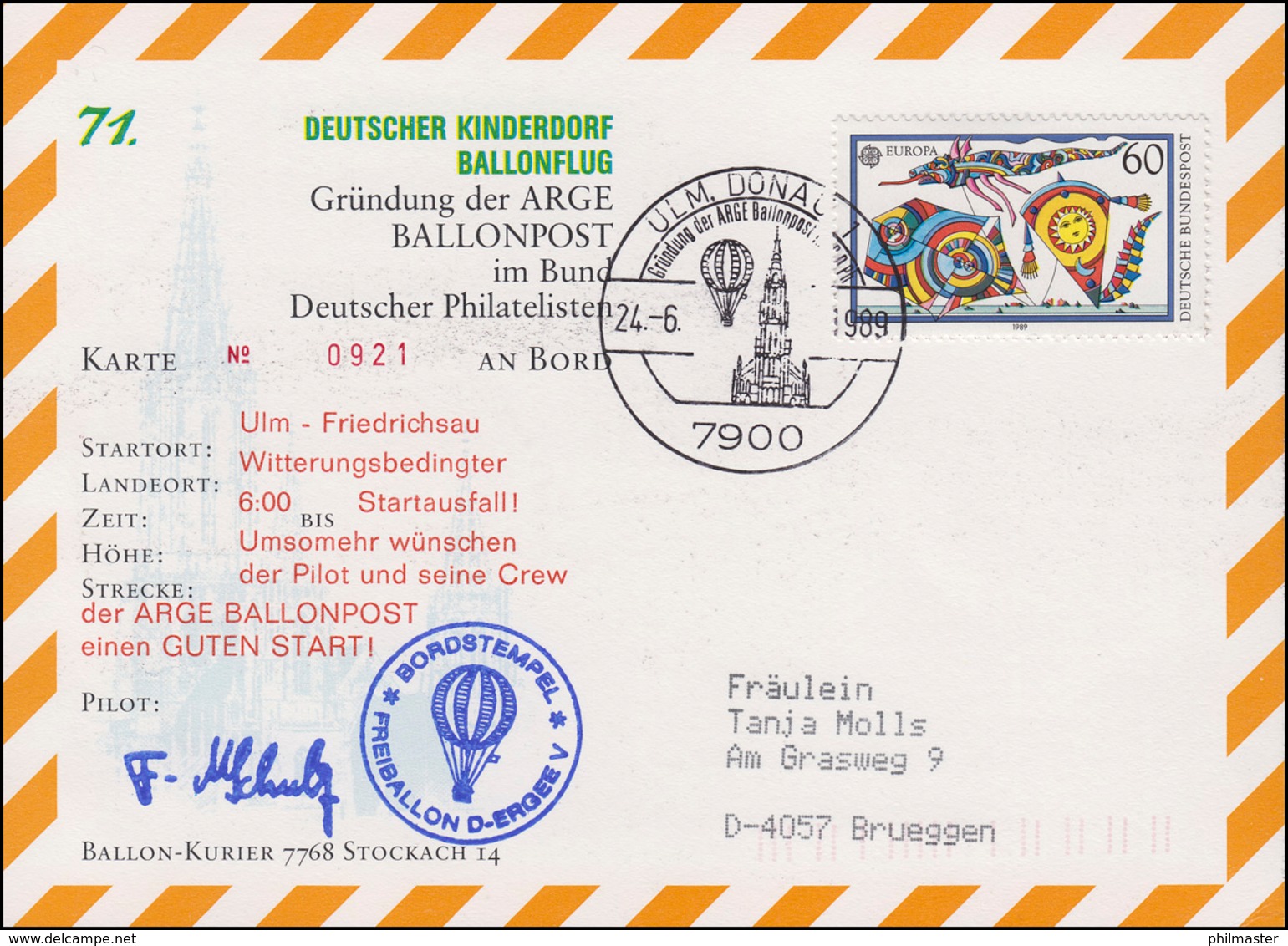 71. Kinderdorf-Ballonpost D-ENERGEE V Ulm - Friedrichsau ARGE Ballonpost 24.6.89 - Mongolfiere