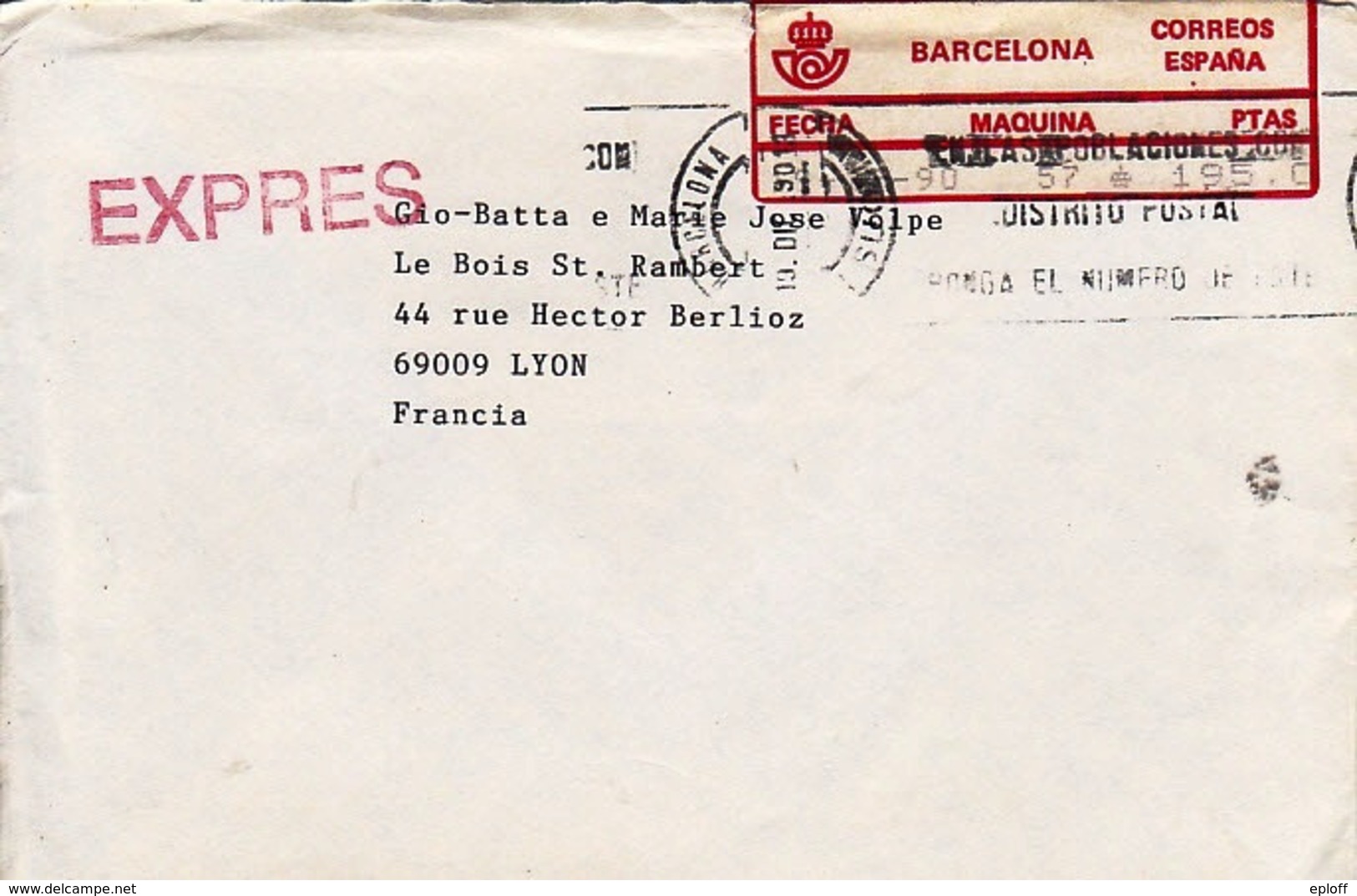 ESPAGNE 1990     EMA Expres Sur Enveloppe Barcelona à Lyon 69009 - Máquinas Franqueo (EMA)