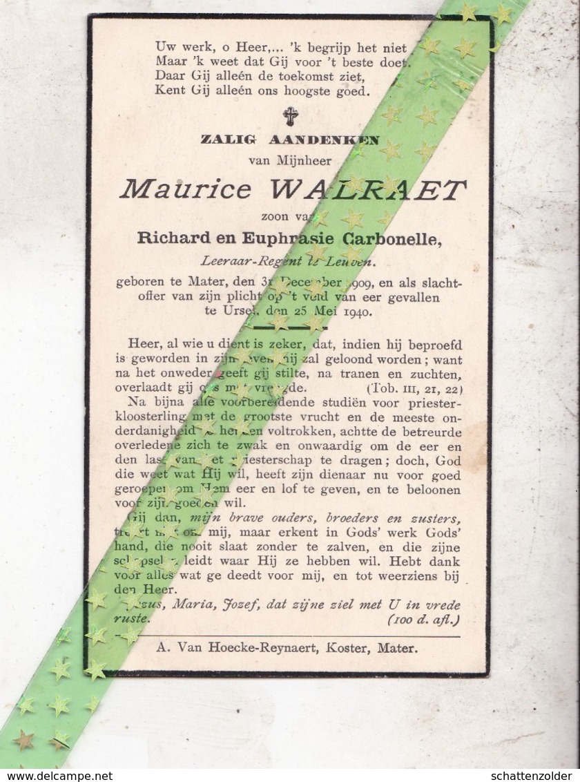 Maurice Walraet-Carbonelle, Geboren Mater (Oudenaarde) 1909, Overleden Op Veld Van Eer 1940 - Décès