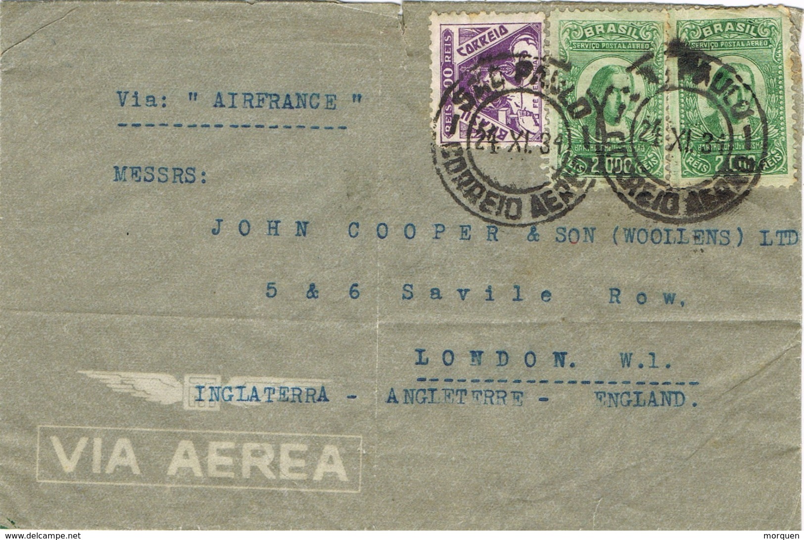 34444. Carta Aerea SAO PAULO (Brasil) 1934. Via Air France A England - Bolivia