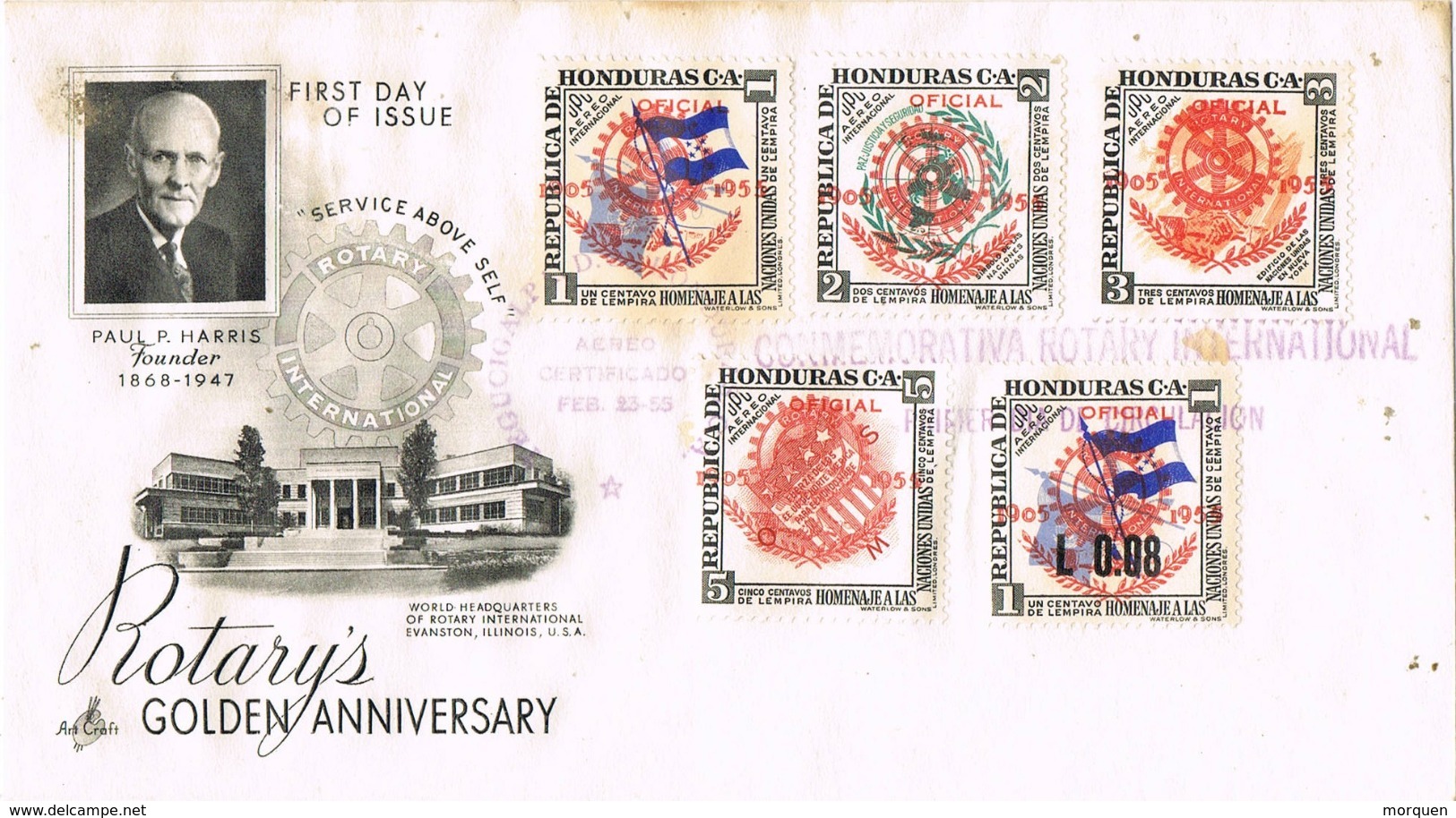 34445. Carta F.D.C. TEGUCIGALPA (Honduras) 1955. ROTARY Internacional. Shet Surcharged - Honduras