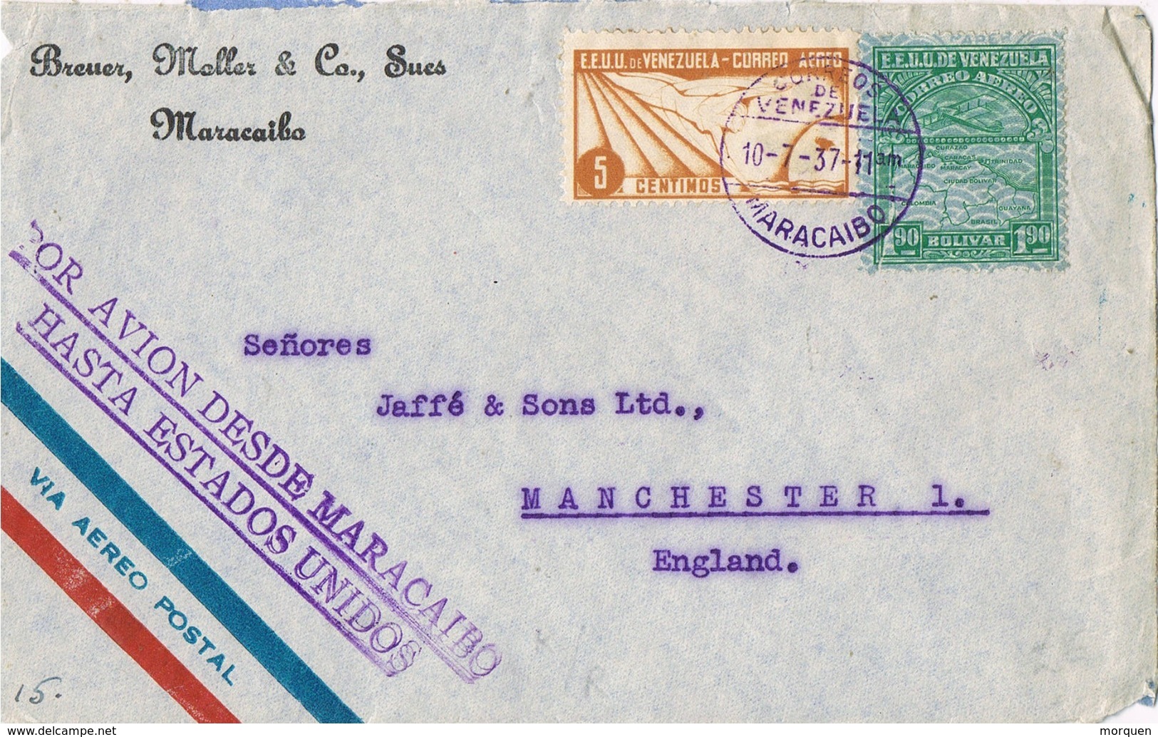 34446. Carta Aerea MARACAIBO (Venezuerla) 1937. Por Avion D Maracaibo A USA - Venezuela