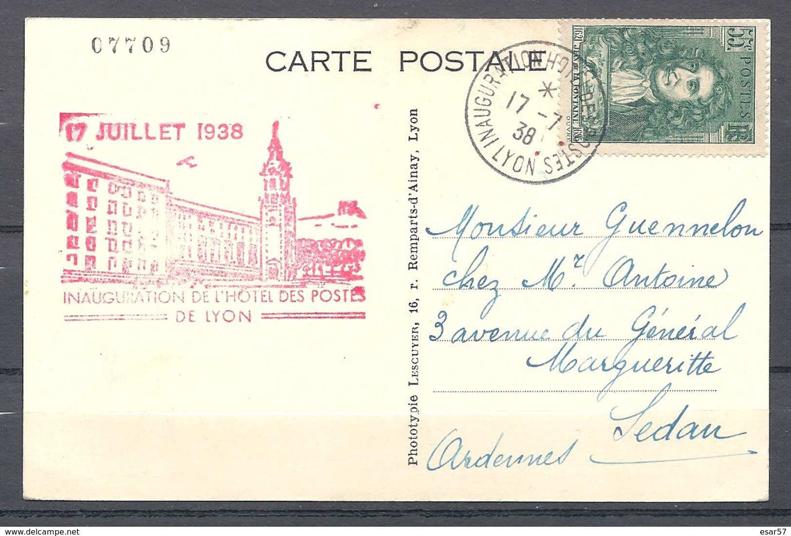 Carte Maximum Inauguration De L'hôtel Des Postes De Lyon Le 17 Juillet 1938 - 1930-1939