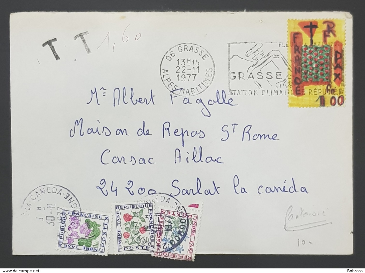 1977 Cover, Enveloppe De Grasse Pour Sarlat La Canéda, France, Republique Française - Lettres & Documents