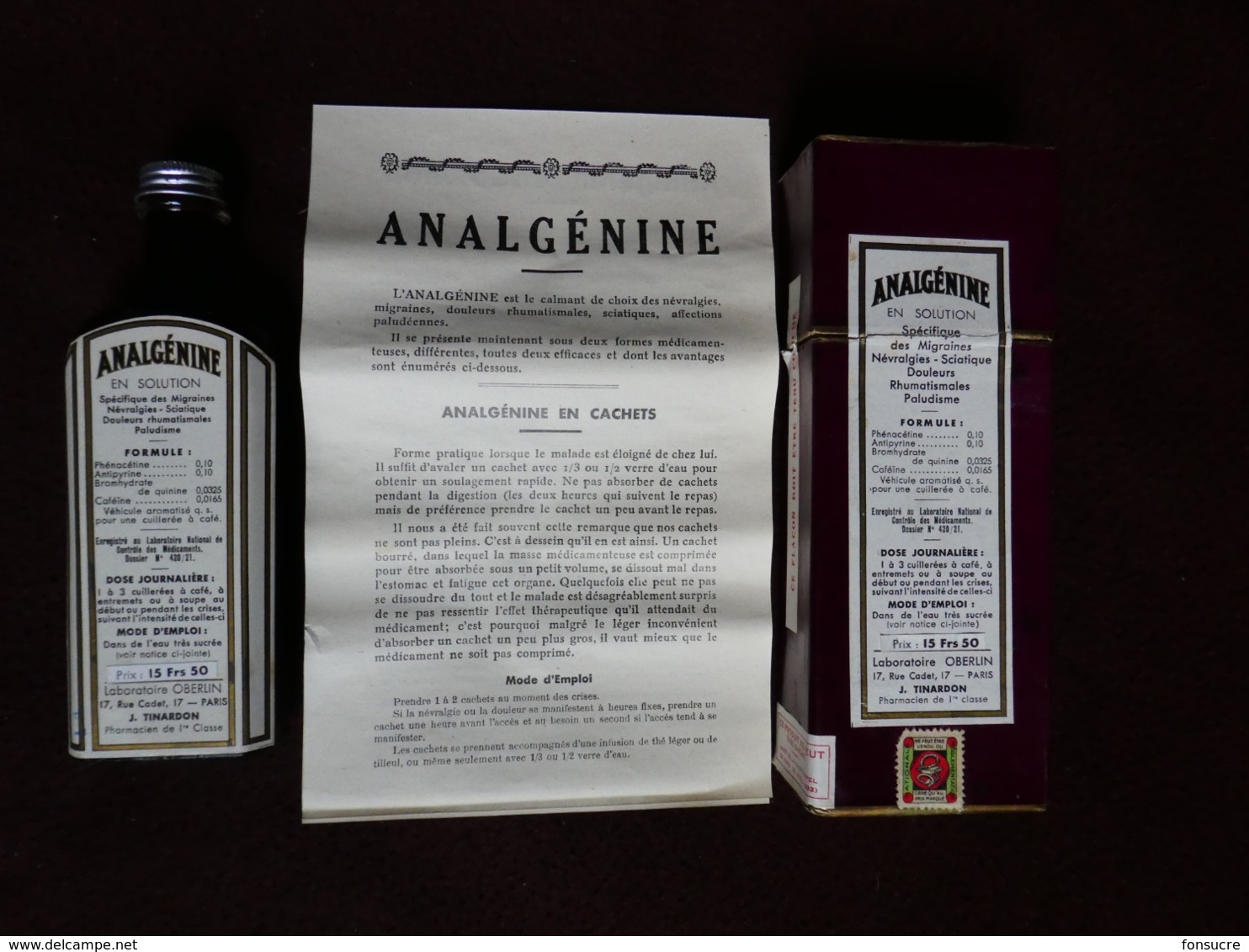 CHy Boite + Flacon (vide) + Notice Sirop ANALGENINE Laboratoire OBERLIN Paris J. TINARDON Pharmacien 1ière Classe - Boîtes