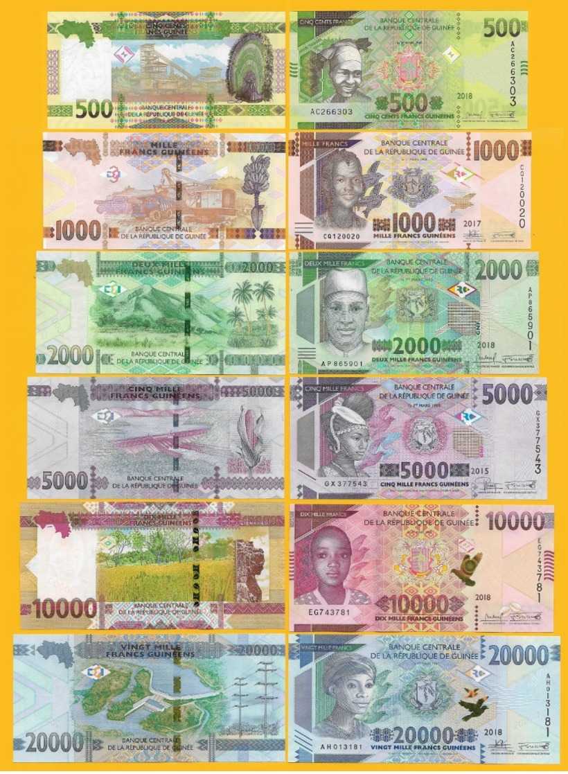 Guinea Set 500, 1000, 2000, 5000, 10000, 20000 Francs 2015-2018 UNC Banknotes - Guinea