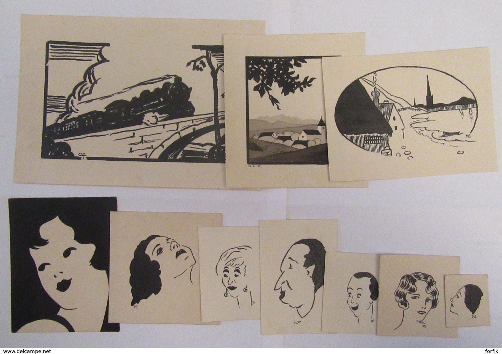 10 Dessins à L'encre Signés M. Cothereau - Thèmes Trains, Pin-Up / Femmes / Visages, Paysages - Un Daté 1933 - Drawings