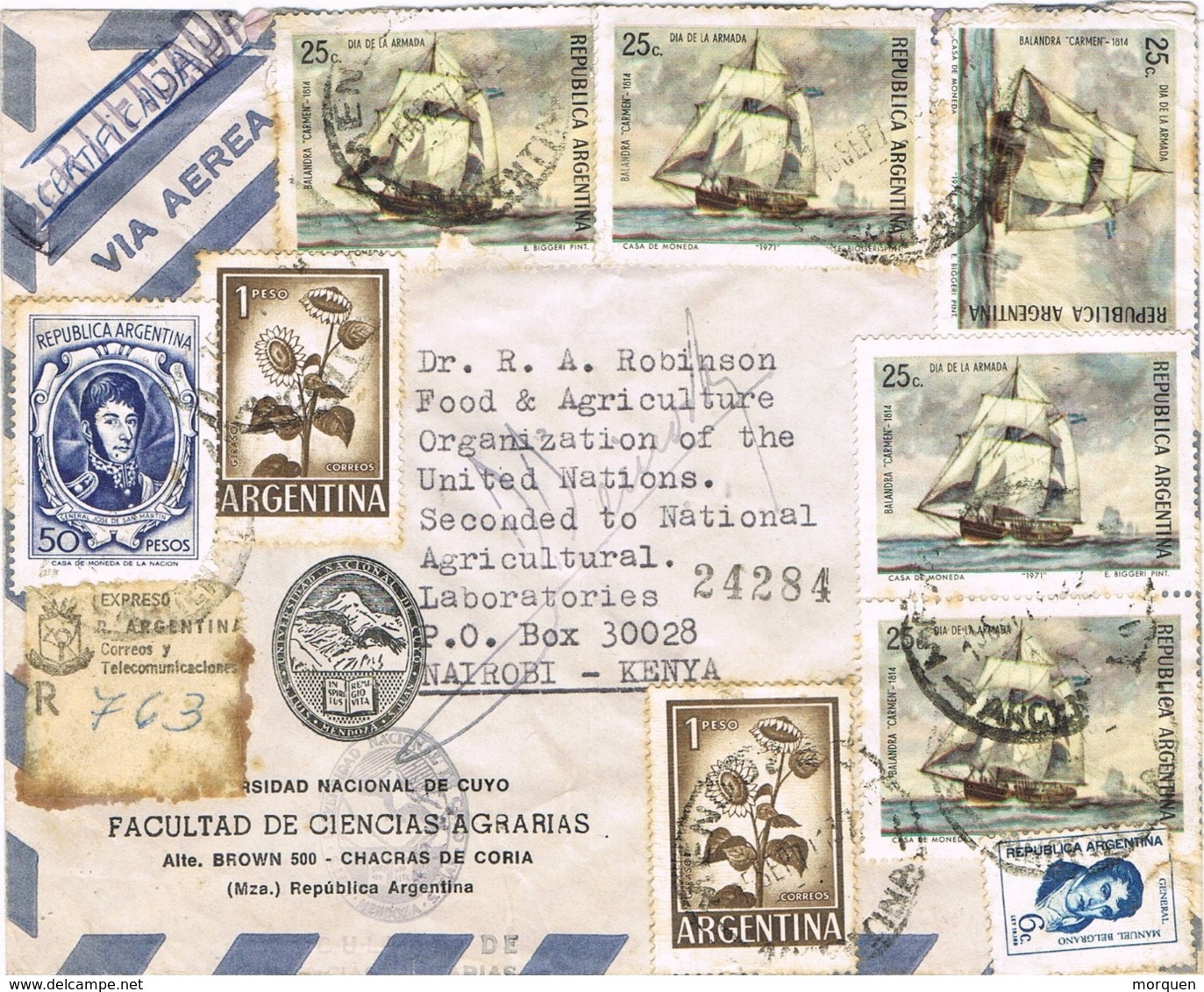 34449. Carta Aerea Certificada CHACRAS De CORIA (Mendoza) 1971 A KENYA. Fechador MENDOZA - Guatemala
