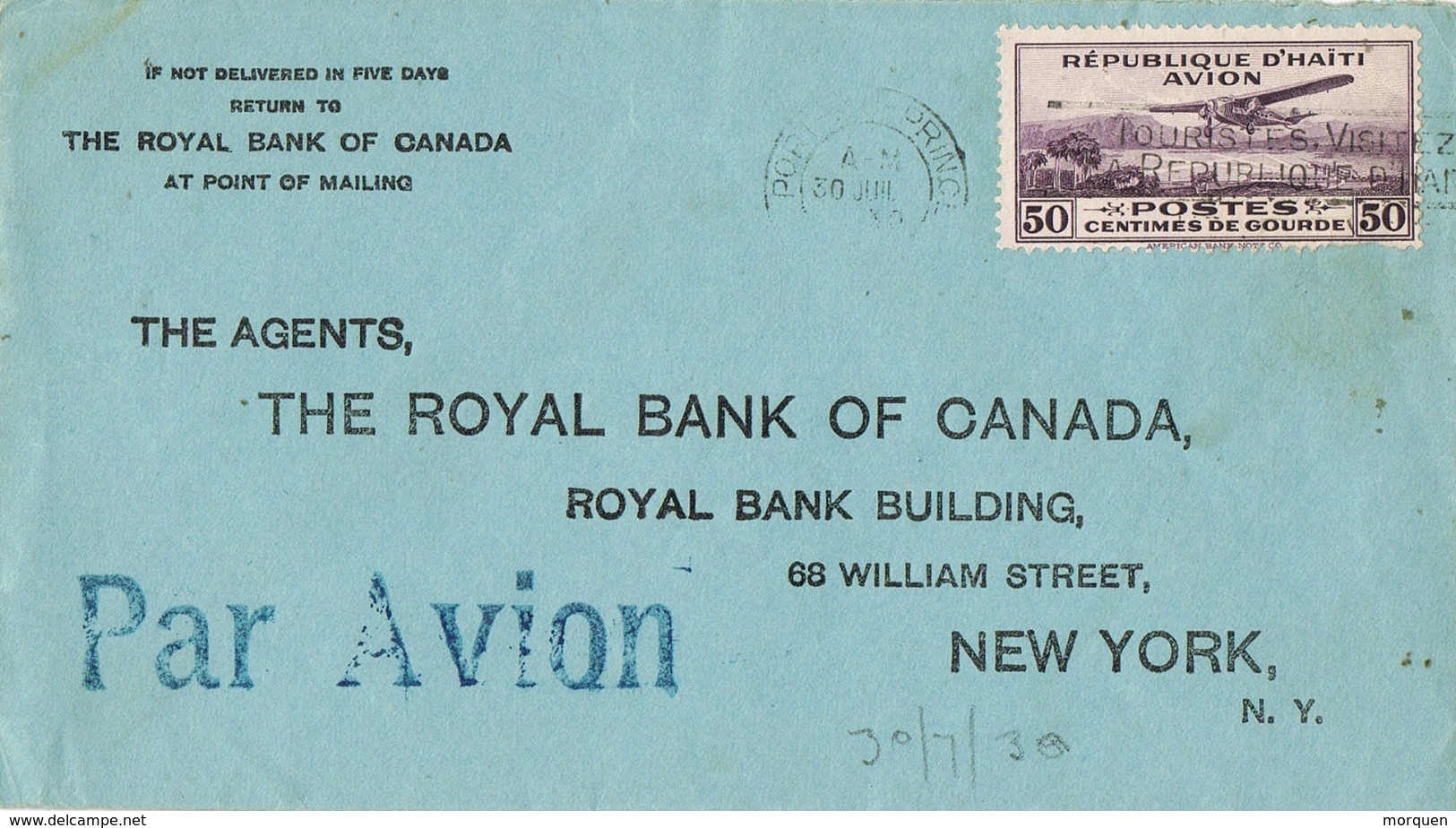 34450. Carta Aerea PORT Au PRINCE (Haiti) 1939. Royal Bank Of Canada - Haití