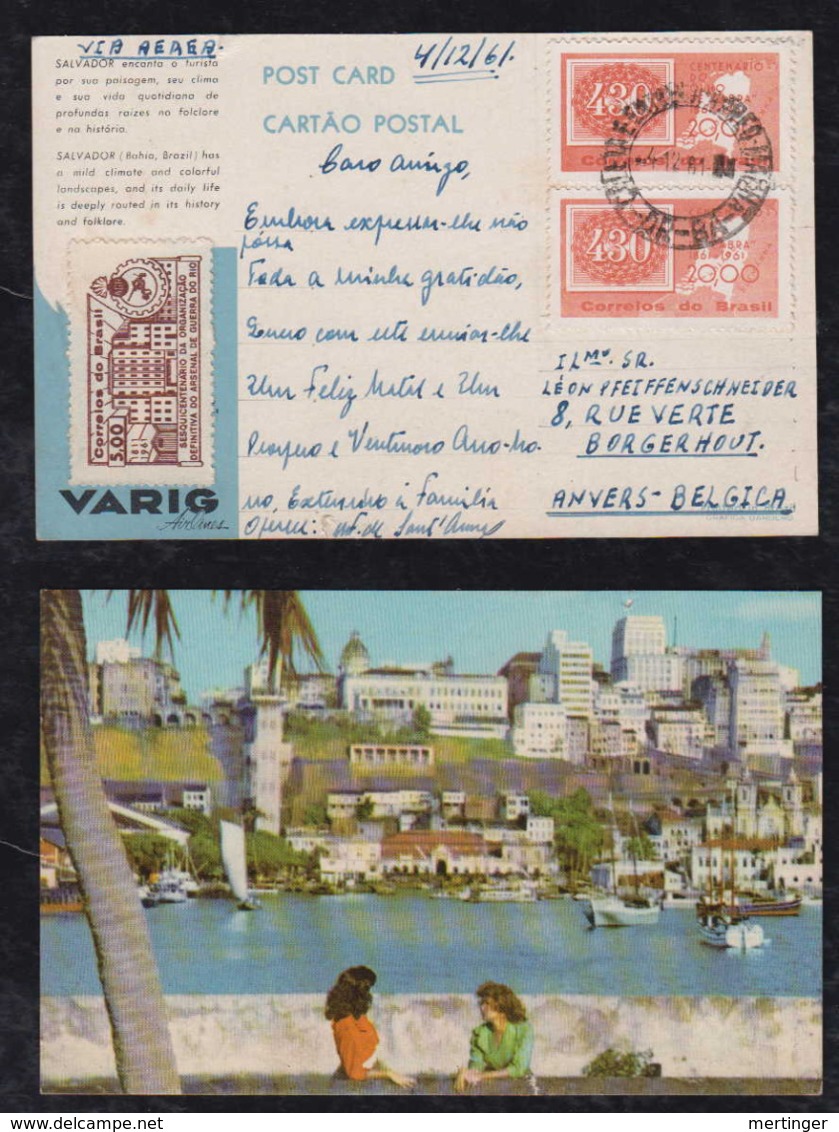 Brazil Brasil 1961 VARIG Advertising Postcard SALVADOR To ANVERS Belgium - Brieven En Documenten