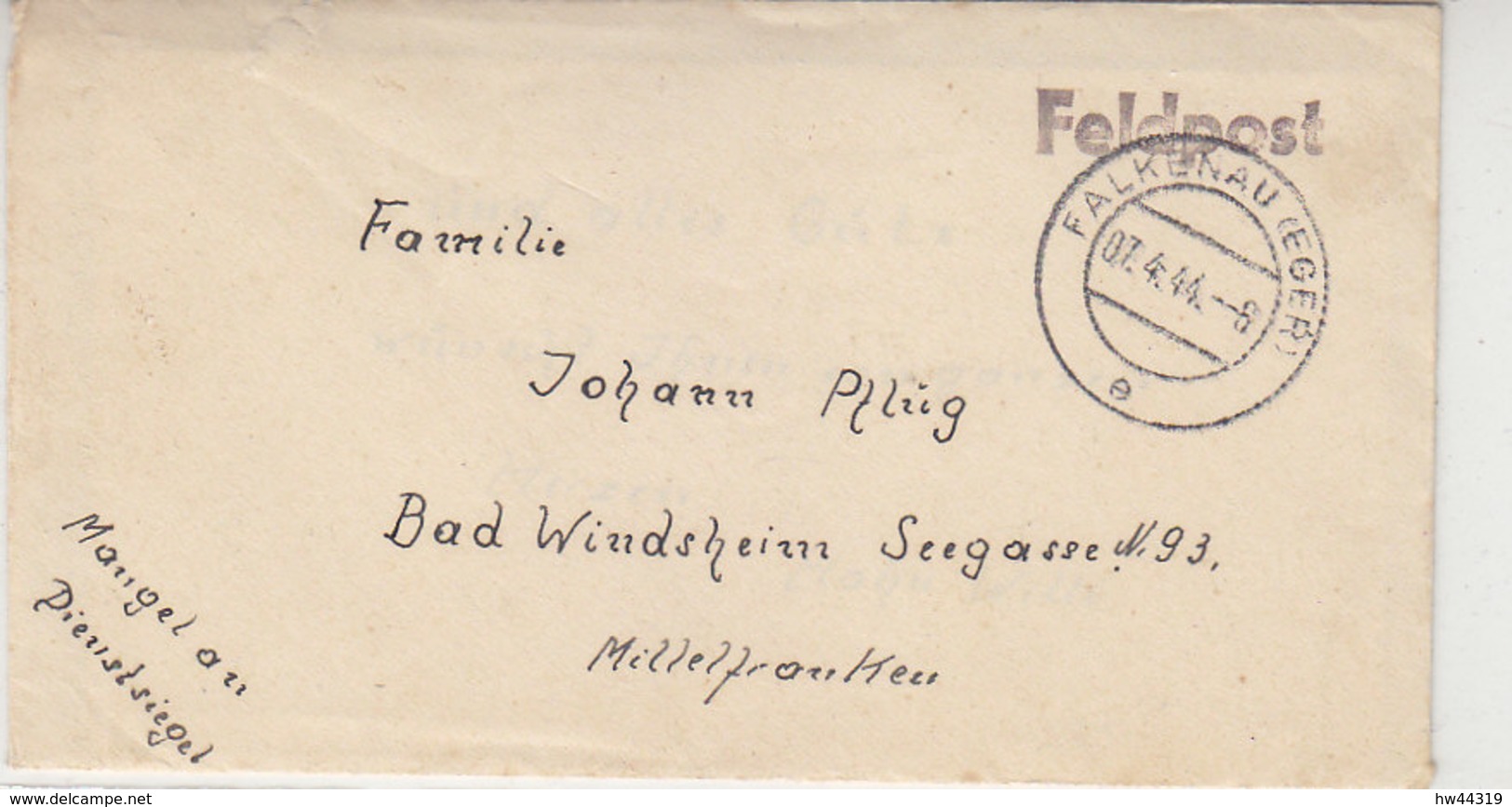 Feldpostbrief Vom Arb.Kdo. 4093 Zwodau Bei FALKENAU 7.4.44 / Mangel An Dienstsiegel! - Briefe U. Dokumente