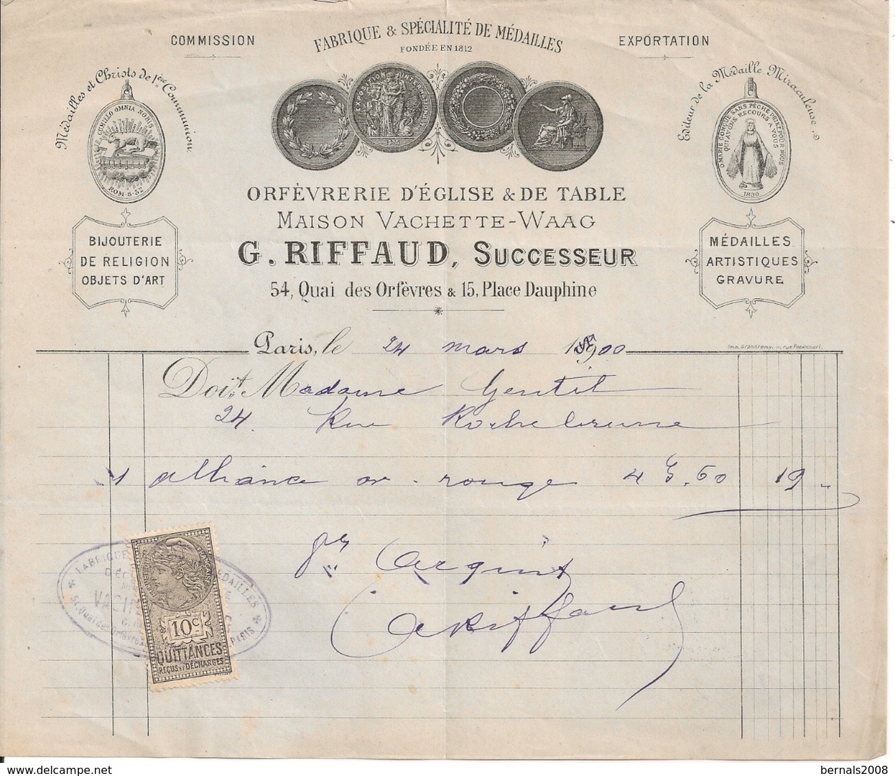 PARIS 1er-  G. RIFFAUD - 54 Quai Des Orfèvres -Orfèvrerie ,Fabrique De Médailles- Timbre Quittances - 1900 – 1949