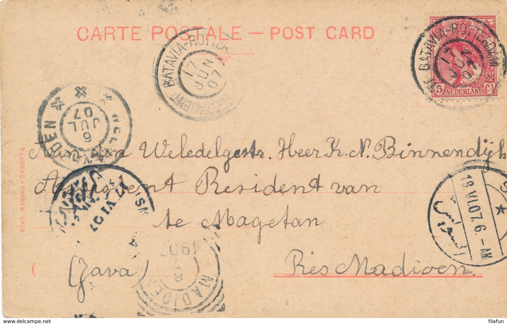 Nederlands Indië - 1907 - 5 Cent Bontkraag Op Ansicht Perim Island Van GR Postagent Batavia-Rotterdam Naar Madioen - Netherlands Indies