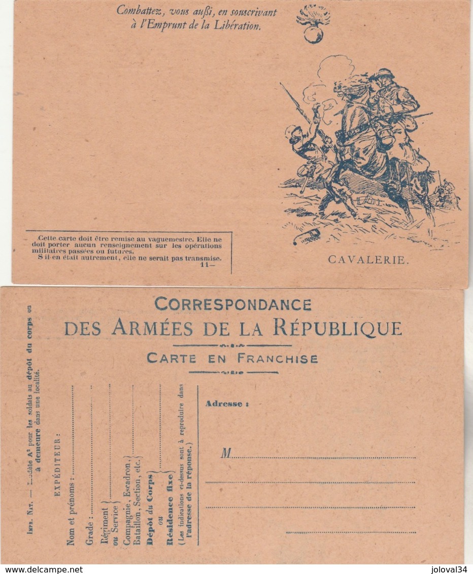 Carte Franchise Militaire Type A2 Illustration 11 CAVALERIE Dessin Scott - Propagande Pour Emprunt Libération - Lettres & Documents