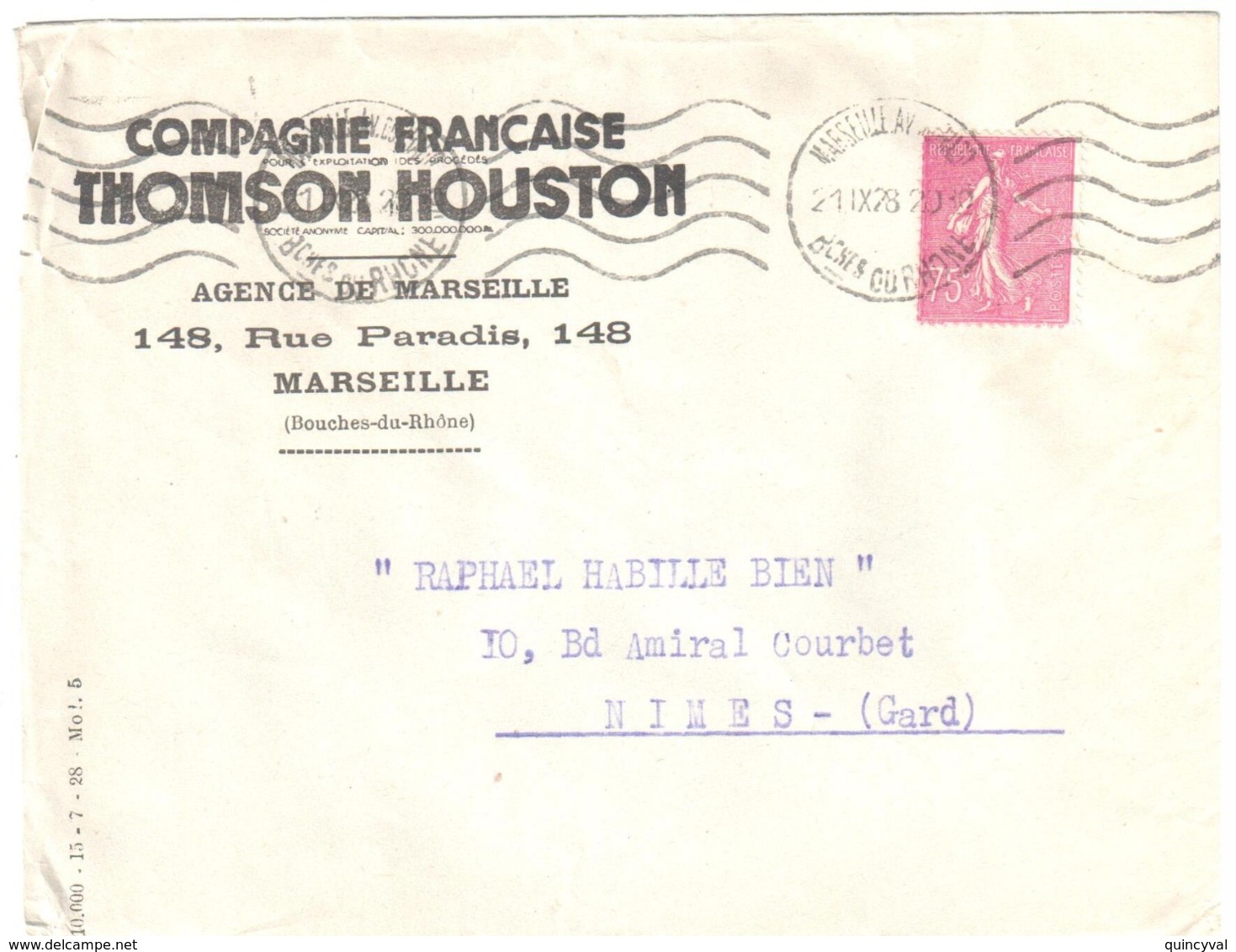 MARSEILLE Av Du Prado Bouches Du Rhône Lettre Entête THOMSON HOUSTON Ob Meca Krag MAR611 75 C Semeuse Lilas Yv 202 - Covers & Documents