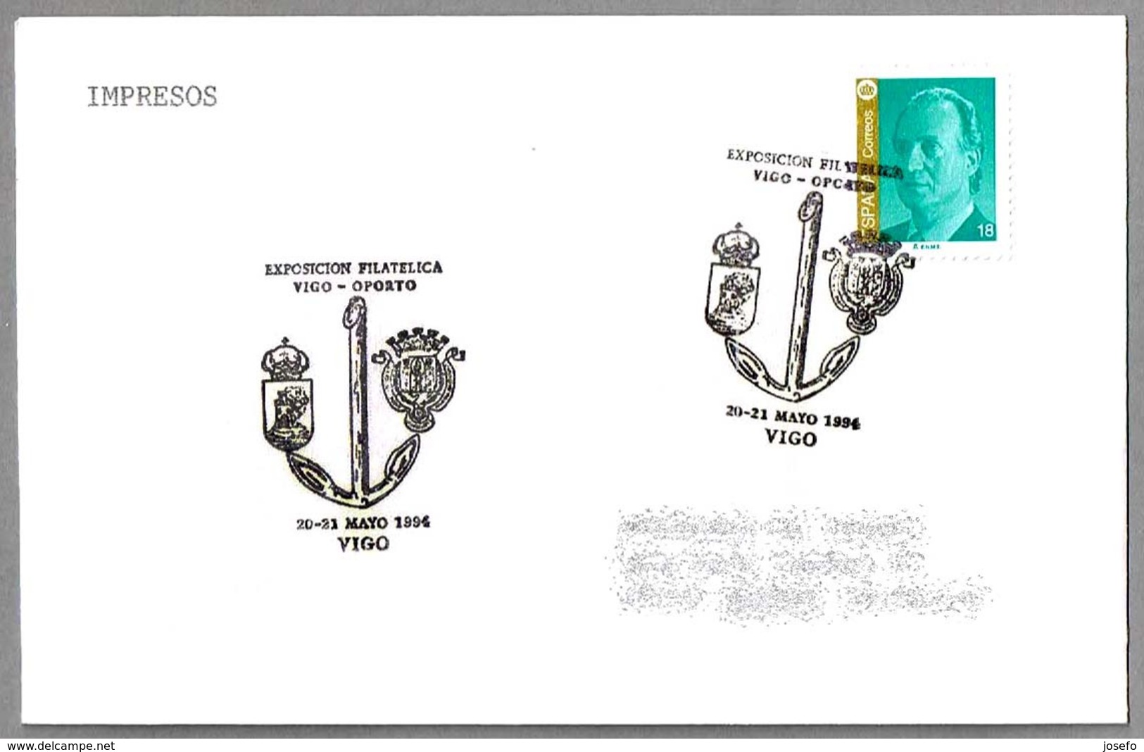 Matasellos EXPOSICION FILATELICA VIGO - OPORTO. Ancla - Anchor. Vigo, Galicia, 1994 - Cartas & Documentos