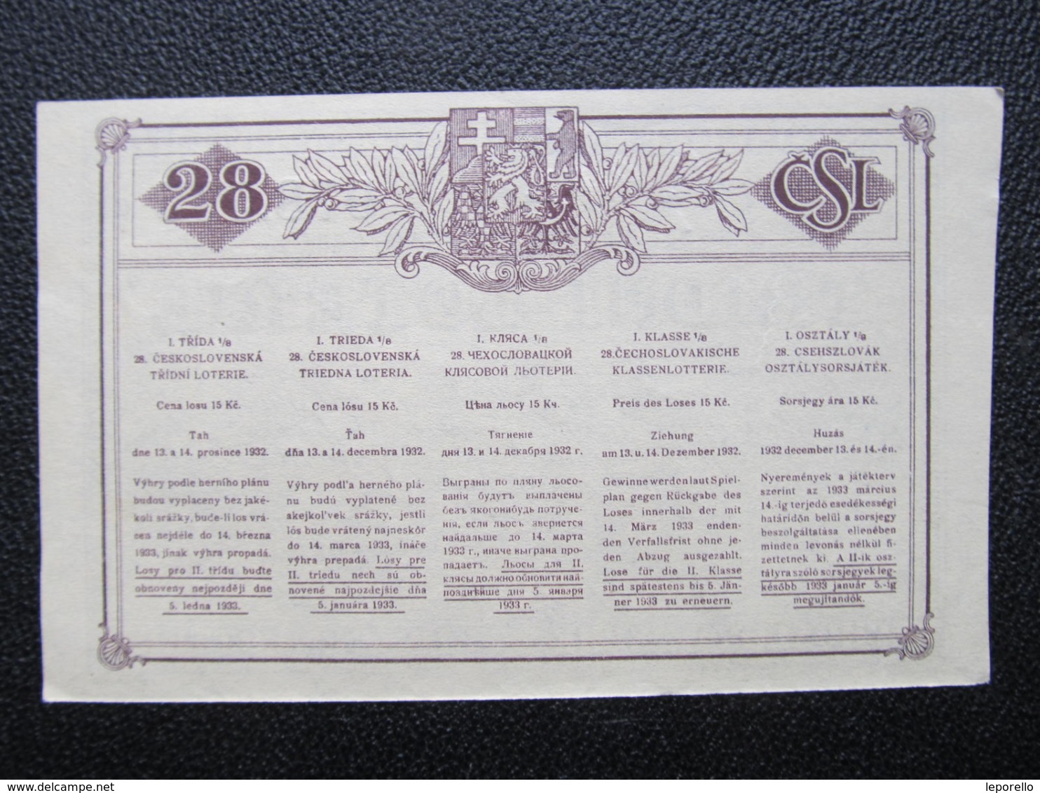LOS Lotterie Lotterielos 1933 Ceskoslovensko Czechoslovakia  ///  D*40670 - Billets De Loterie
