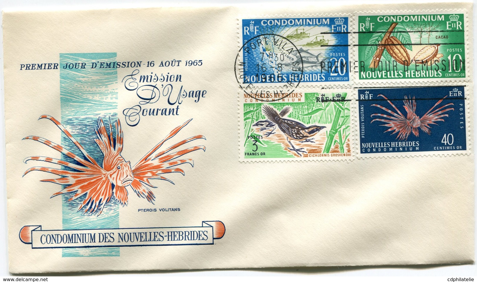 NOUVELLES-HEBRIDES ENVELOPPE 1er JOUR DES N°215/218 SERIE COURANTE OBLITERATION PORT- VILA 16-8-1965 - FDC