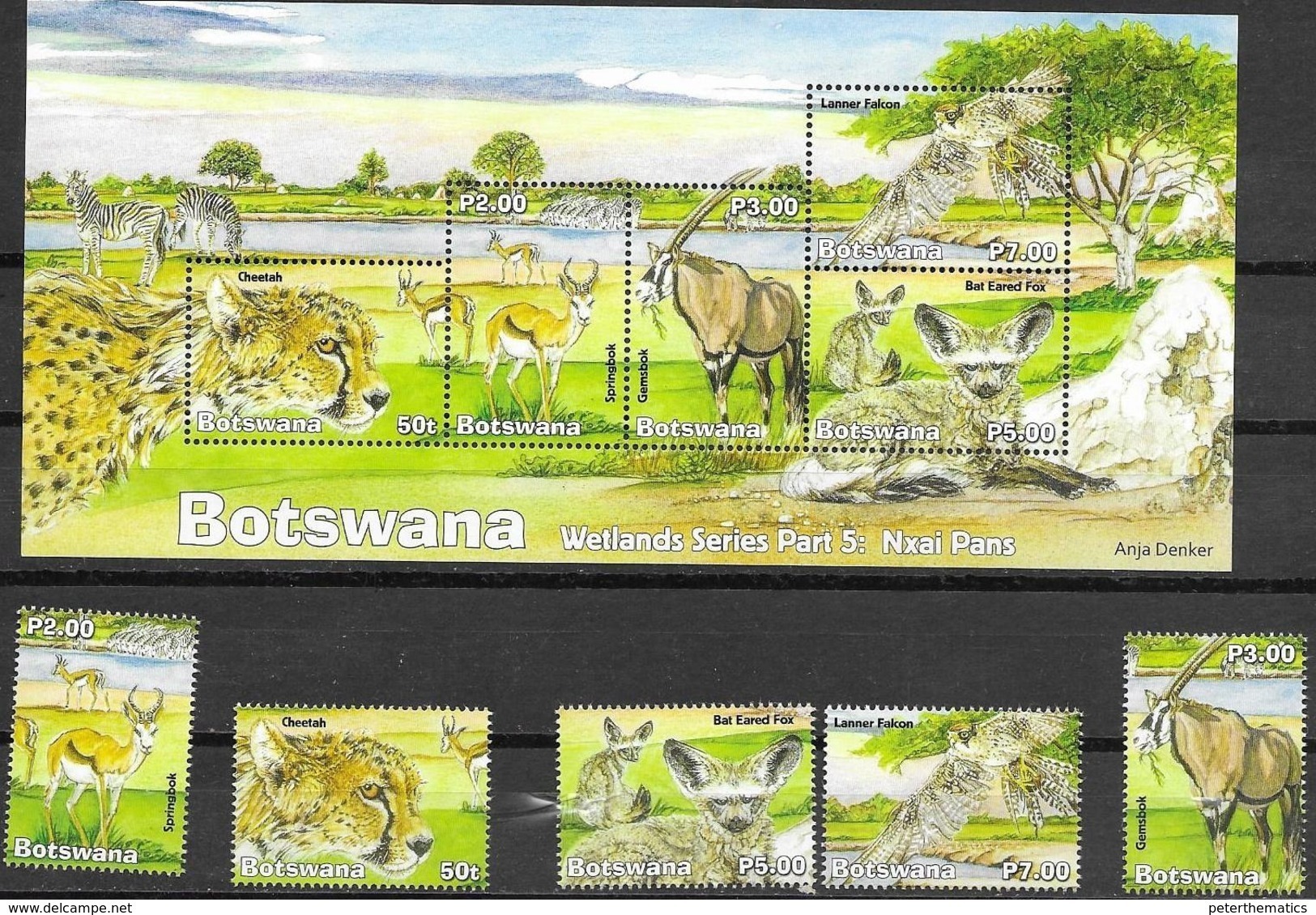 BOTSWANA, 2019, MNH, WETLANDS FAUNA, NXAI PANS, BIRDS, CHEETAHS, ZEBRAS, FOXES, ANTELOPES, 5v+SHEETLET - Autres & Non Classés