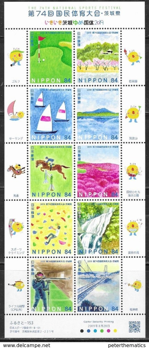 JAPAN, 2019, MNH,SPORTS, 74th NATIONAL SPORTS FETIVAL, SAILING, HORSE RIDING, WATERFALLS, BRIDGES, MOUNTAINS, SHEETLET - Sailing