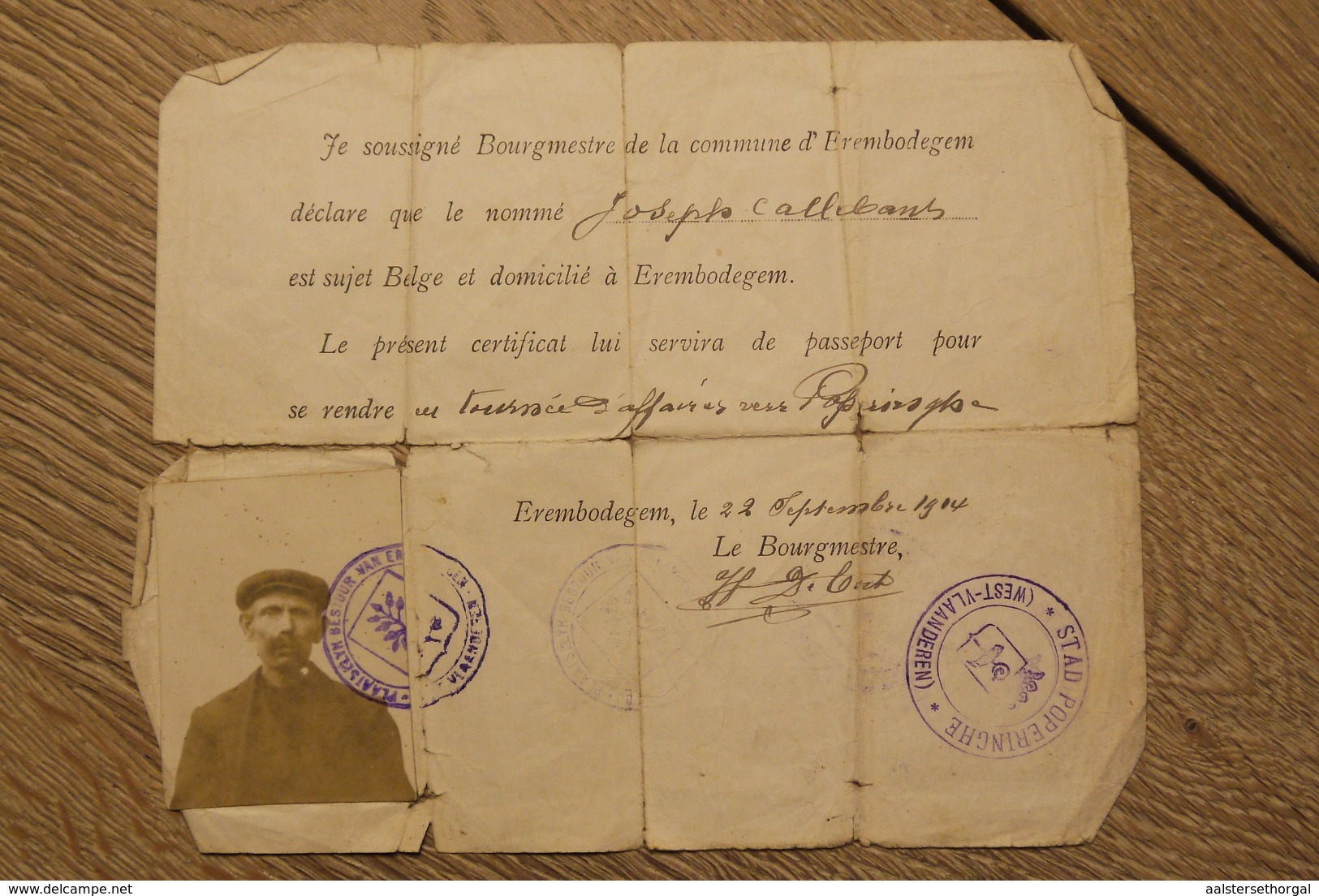 Aalst Erembodegem 1914 Laissez Passer Pas Joseph Callebaut  Zeldzaam Document - Historische Dokumente