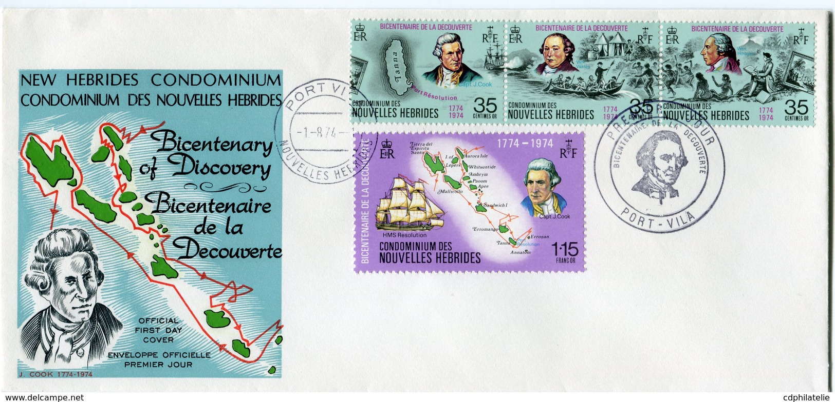 NOUVELLES-HEBRIDES ENVELOPPE 1er JOUR DES N°394/397 BICENTENAIRE DE LA.................... OBLITERATION PORT-VILA 1-8-74 - FDC