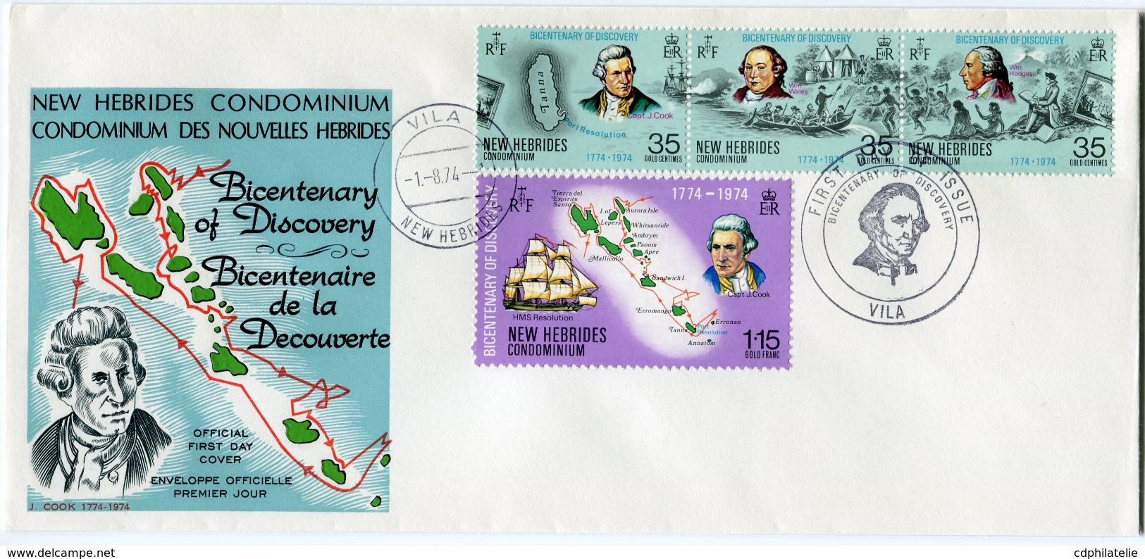 NOUVELLES-HEBRIDES ENVELOPPE 1er JOUR DES N°398/401 BICENTENAIRE DE LA.................... OBLITERATION VILA 1-8-74 - FDC