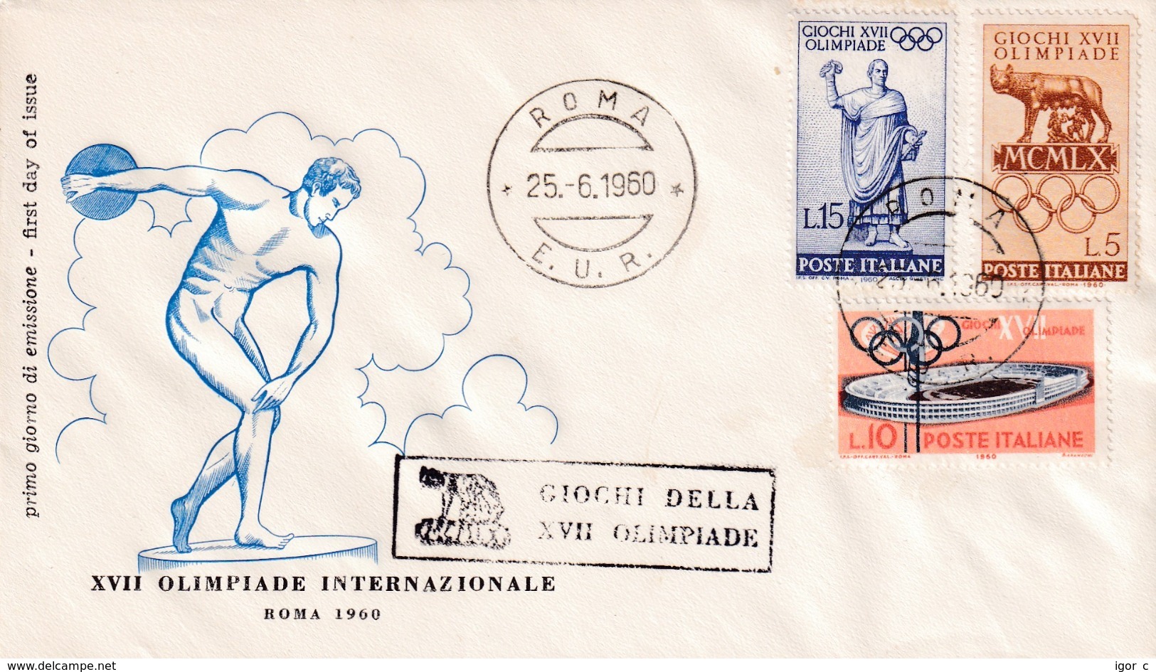 Italy 1960 Cover: Olympic Games 1960 Rome; Discus; Stadium; Olympic Emblem - Summer 1960: Rome