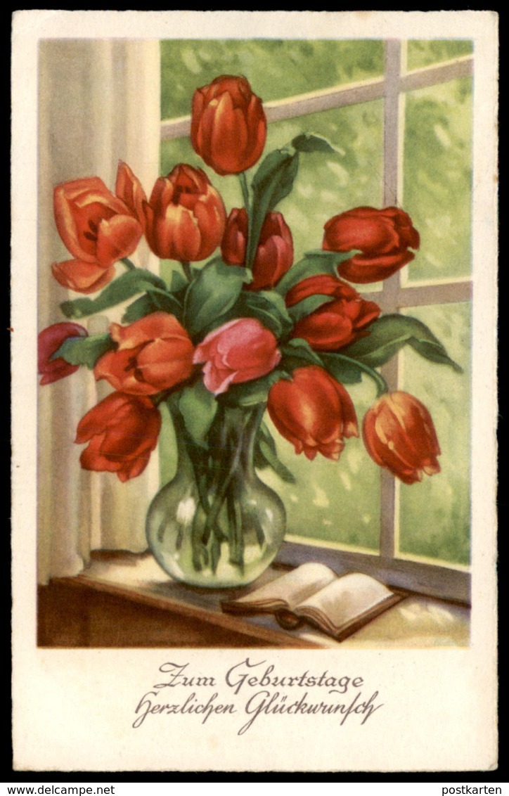 ALTE POSTKARTE ZUM GEBURTSTAGE HERZLICHEN GLÜCKWUNSCH TULPEN BUCH Blumen Tulpe Tulip Tulipe Flowers Fleurs Flower Book - Plantes Toxiques