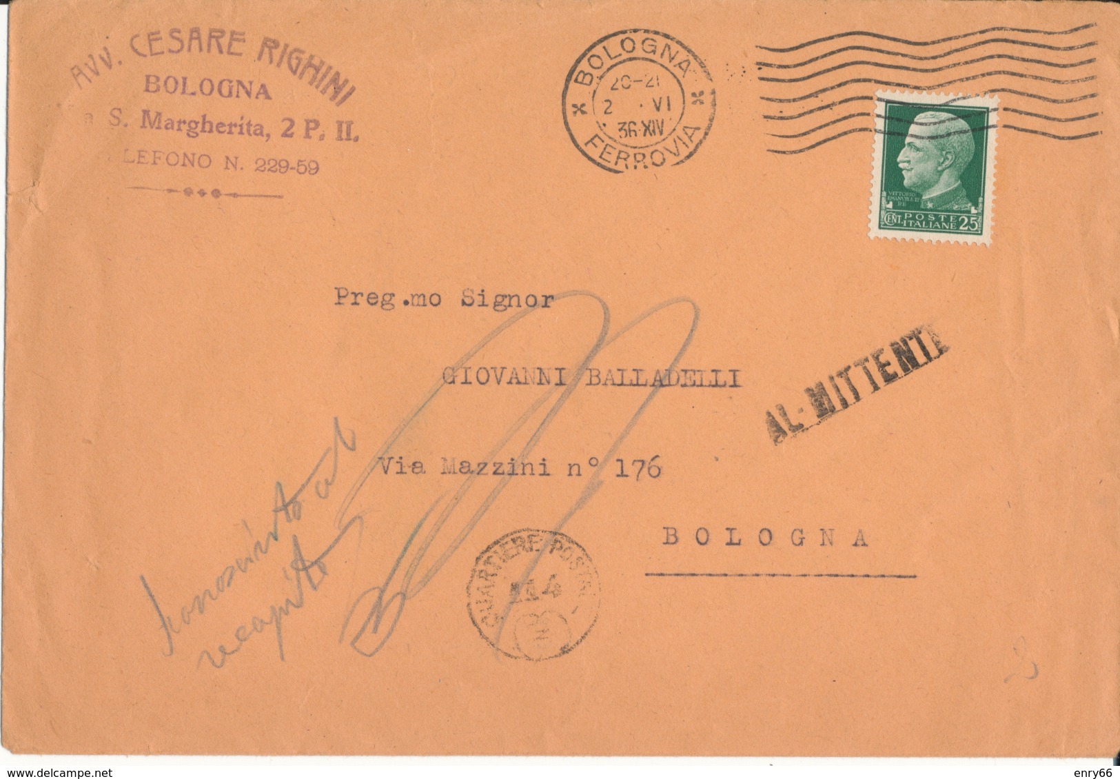 BOLOGNA COMMERCIALE AVV. CESARE RIGHINI  2-6-1936  LETTERA  IMPERIALE CENT 25 - Storia Postale