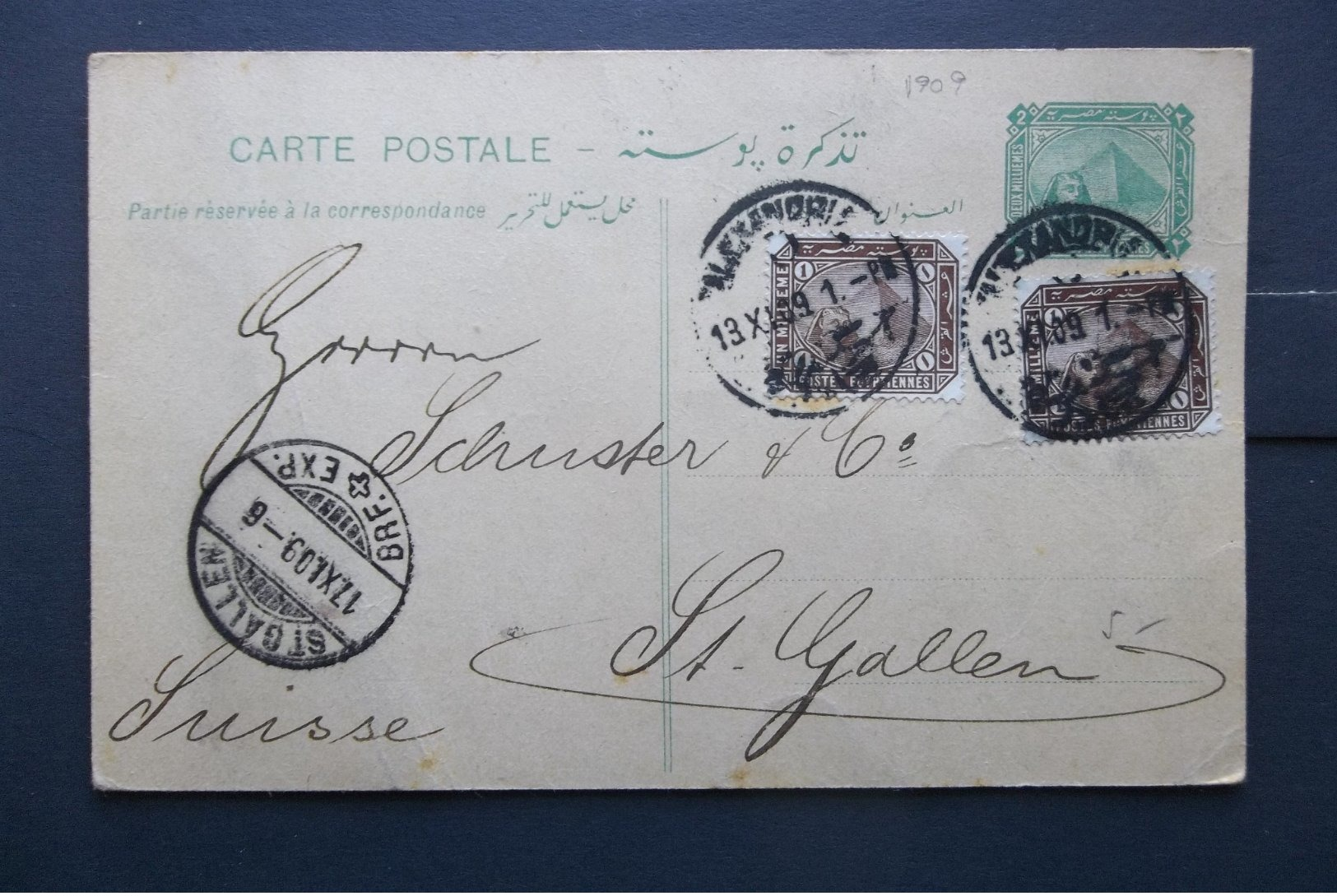 Egypt: 1909 Uprated Postal Card To St. Gallen (#TU10) - 1866-1914 Khedivate Of Egypt
