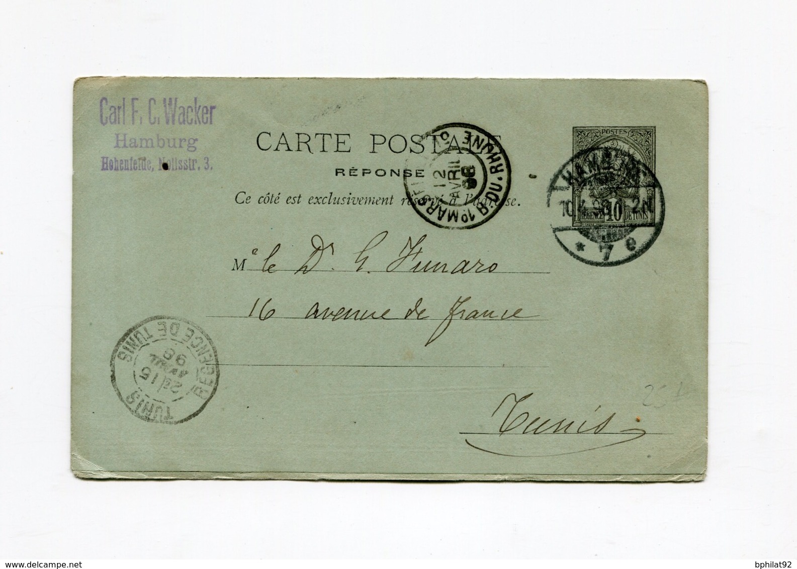 !!! PRIX FIXE, ENTIER POSTAL CARTE REPONSE DE TUNISIE, UTILISEE A HAMBOURG EN 1898 - Standard Postcards & Stamped On Demand (before 1995)