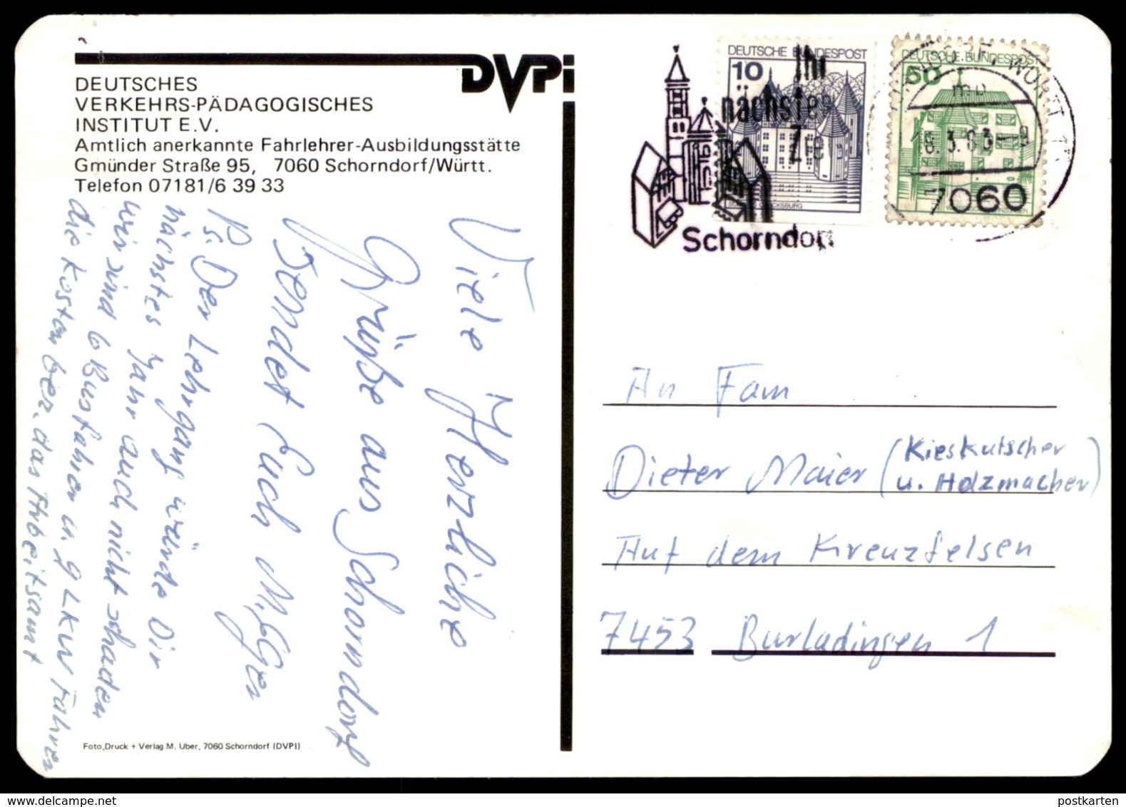 ÄLTERE POSTKARTE SCHORNDORF DEUTSCHES VERKEHRS-PÄDAGOGISCHES INSTITUT E.V. FAHRLEHRER AUSBILDUNGSSTÄTTE VW GOLF Postcard - Schorndorf