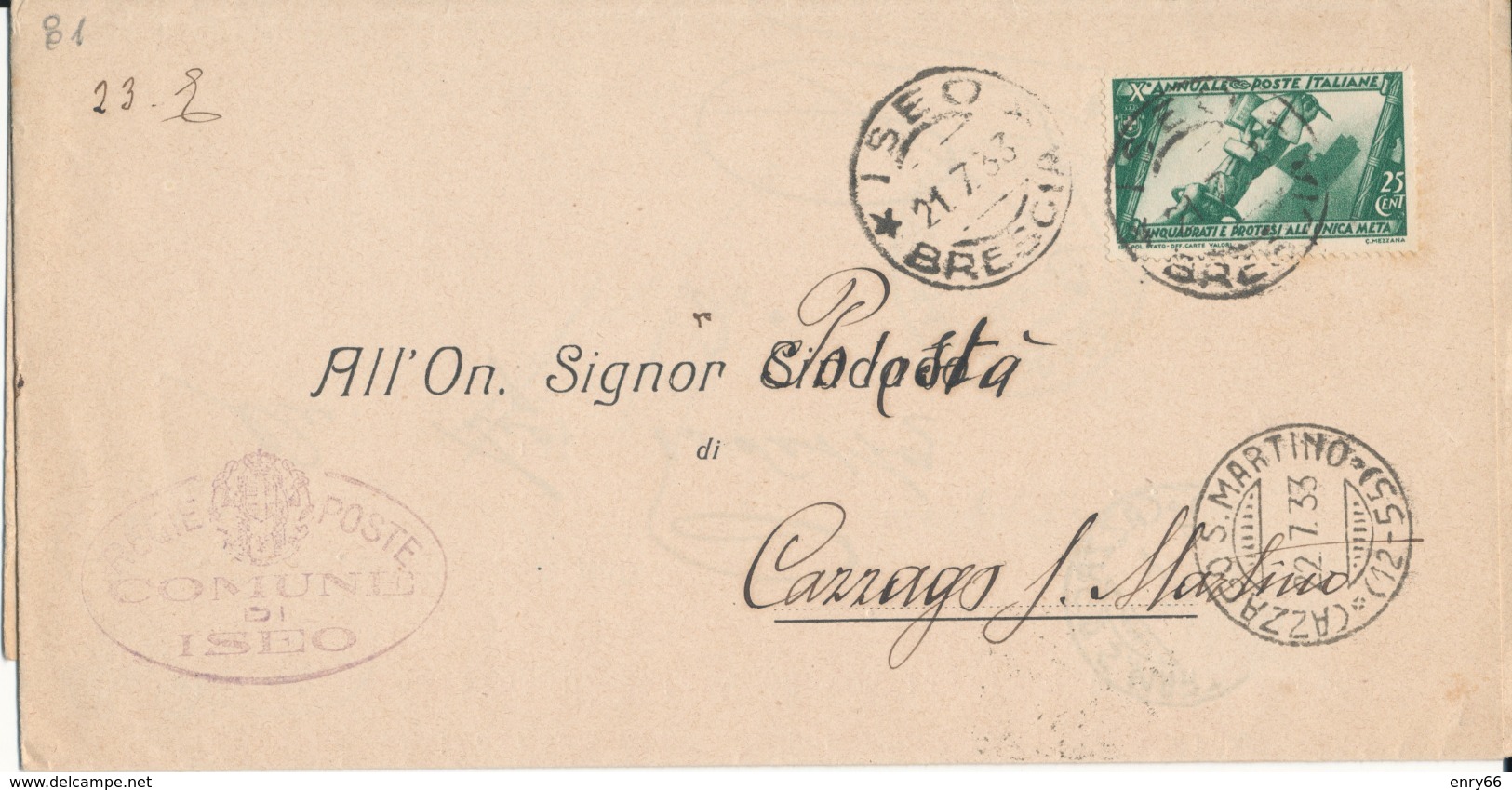 ISEO BRESCIA / CAZZAGO S.MARTINO  21-7-1933 DECENNALE CENT 25 - Storia Postale