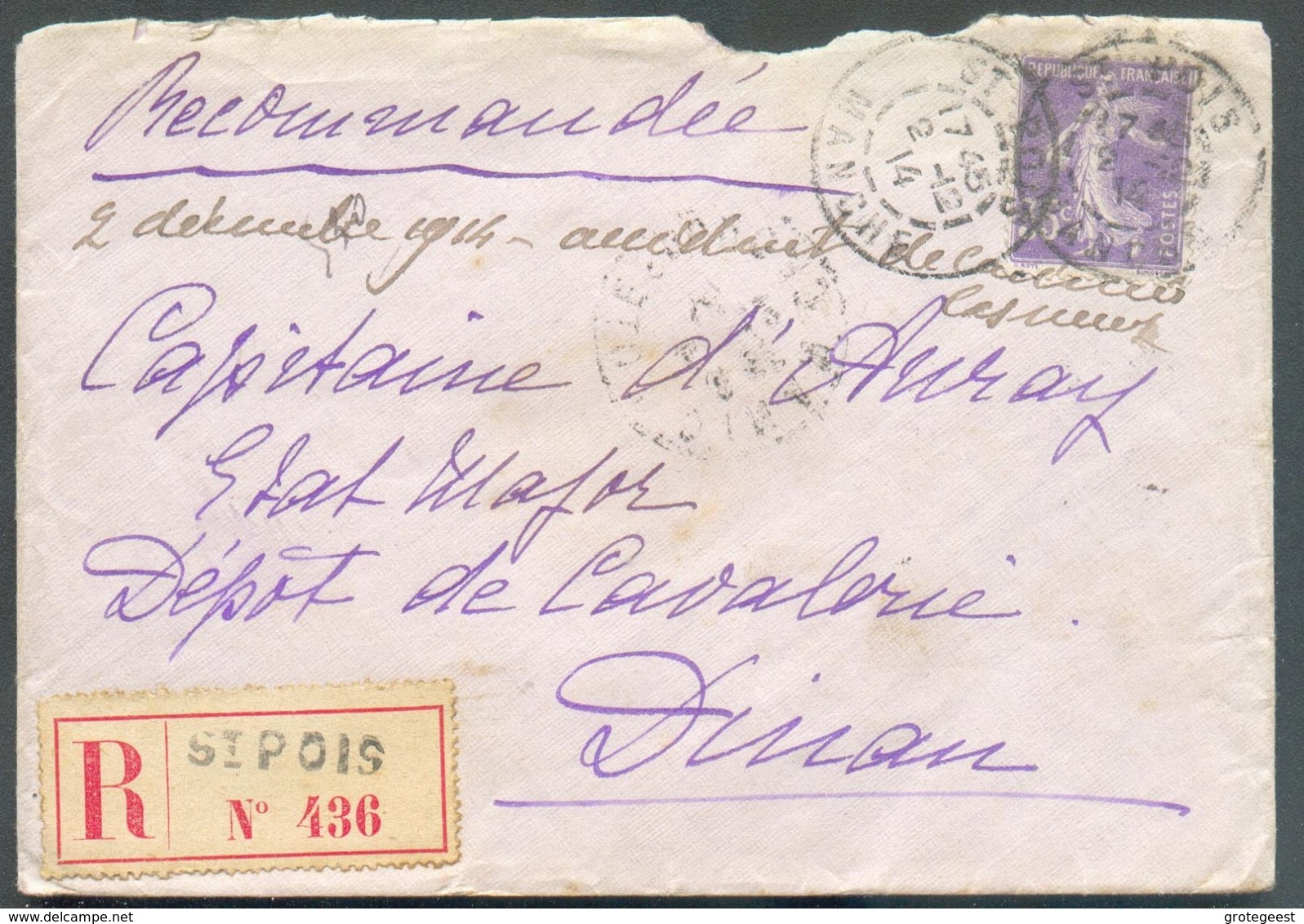 Lettre Recommandée De St-POIS 2/12/1914 Et Affr. à 35c. Vers Dinan  (Capitaine D'Auray Etat Major Des Dépots De Cavaleri - 1906-38 Semeuse Camée