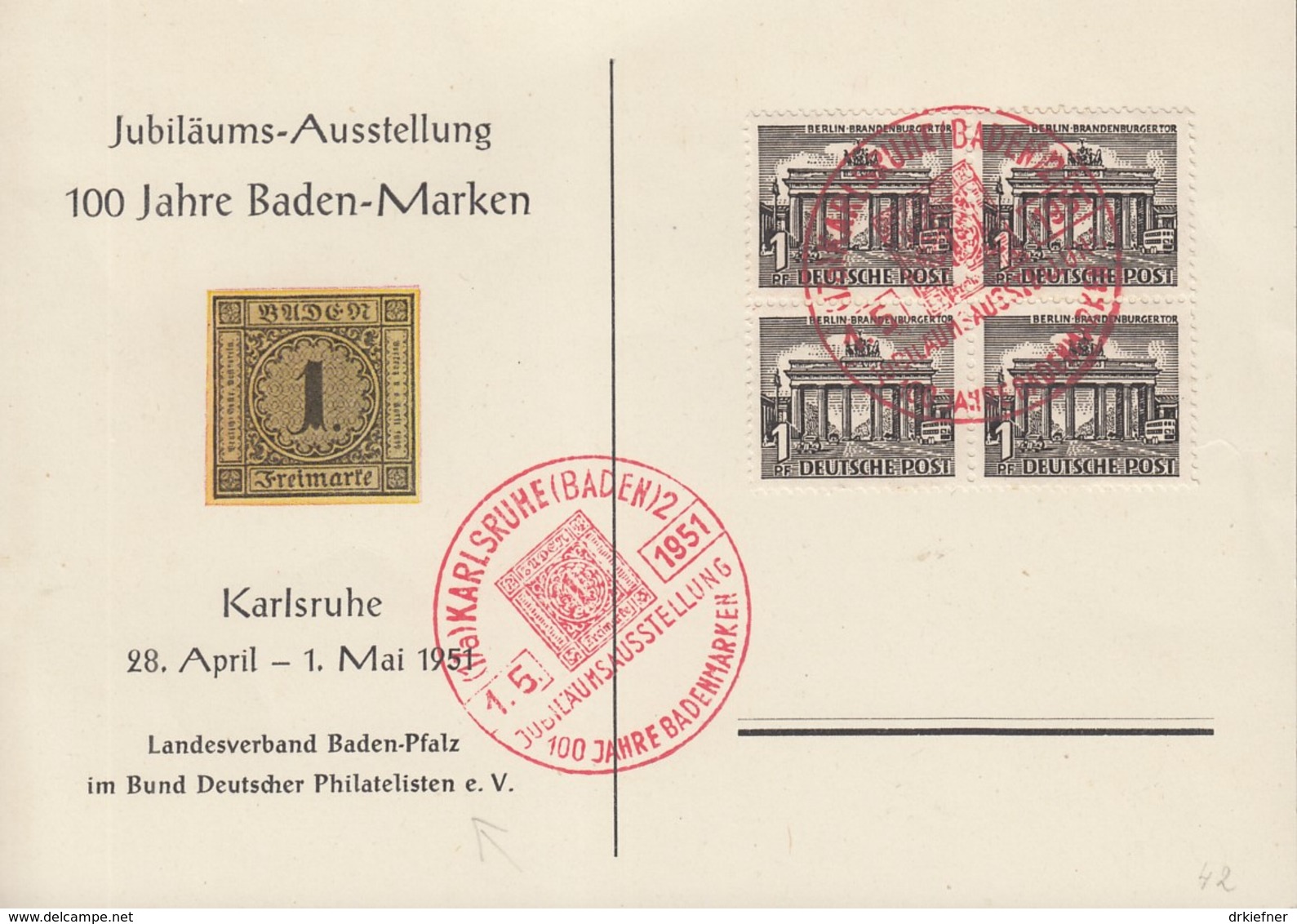 BERLIN 42 4erBlock Auf SoKa Mit Sonderstempel: Karlsruhe 100 Jahre Badenmarken 1.5.1951 - Lettres & Documents