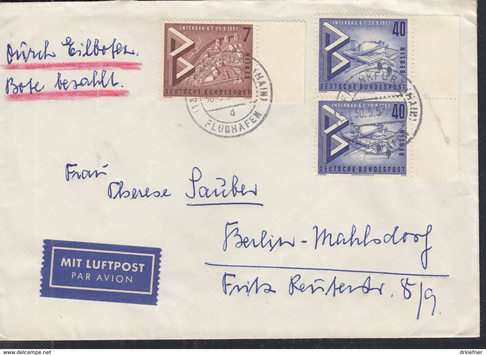 BERLIN 160, 2x 162 MiF, Auf Eil-Luftpost-Brief Mit Stempel: Frankfurt-Flughafen 30.5.1957 - Lettres & Documents