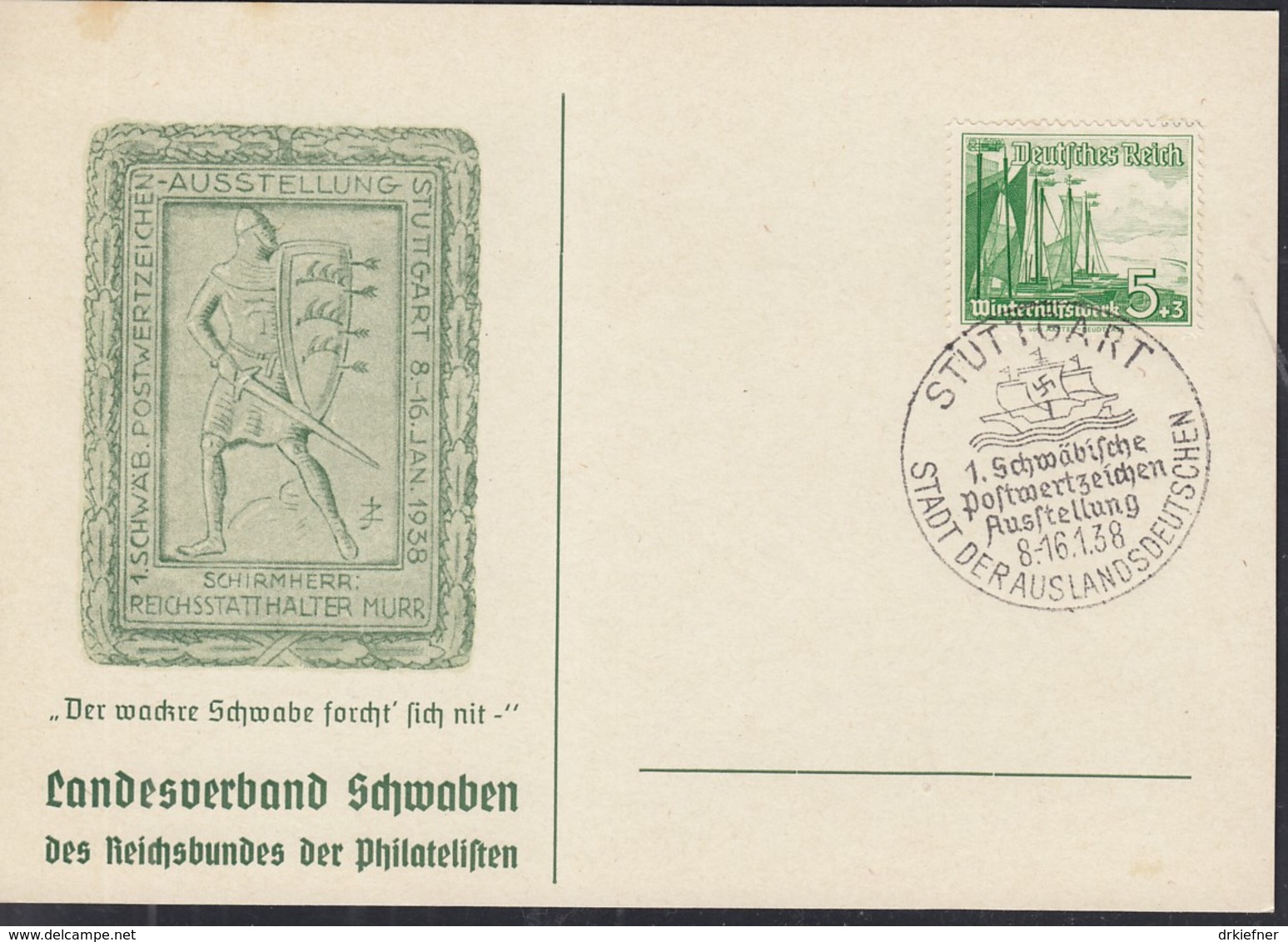 DR 653 Auf Sonderkarte "Der Wackre Schwabe" Mit Sonderstempel: Stuttgart Postwertzeichenausstellung 8.-16.1.1938 - Briefe U. Dokumente