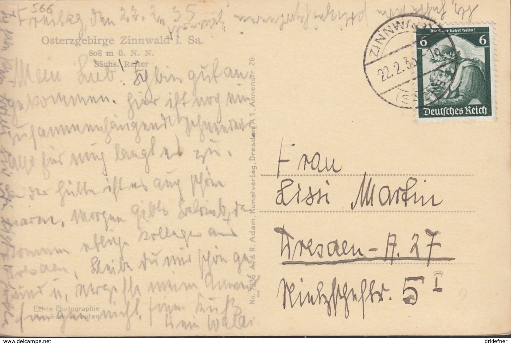 DR  566 EF, Auf AK: Zinnwald Georgenfeld Mit Stempel: Zinnwald 22.2.1935 - Briefe U. Dokumente