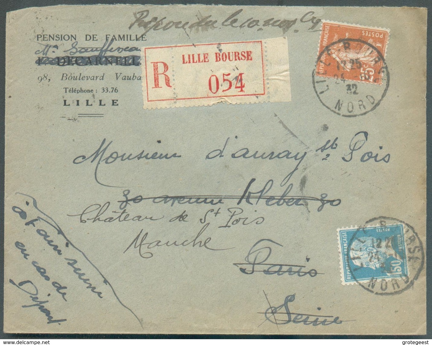 Lettre Recommandée De LILLE-BOURSE 24-10-1932 Affr. 1Fr75 Vers Paris (Marquis D'Auray) - 14711 - 1922-26 Pasteur