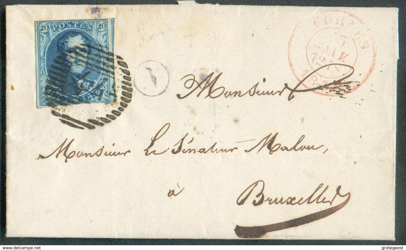 N°7 - Médaillon 20 Centimes Obl. P.44 Sur Lettre De FURNES Le 23-01-1856 + Boîte N De ALVERINGHEM Vers Bruxelles - 14716 - 1851-1857 Medallones (6/8)