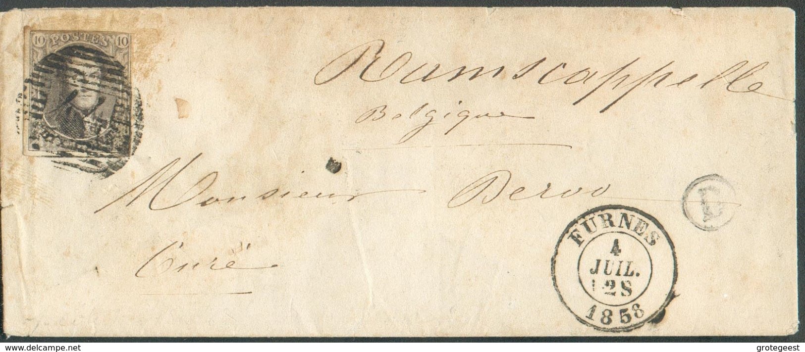 N°10A - Médaillon 10 Centimes Obl. P.44 Sur Enveloppe De FURNES Le 4-07-1858 + Boîte Rurale D Vers Nieuport - 14718 - 1851-1857 Medaillen (6/8)