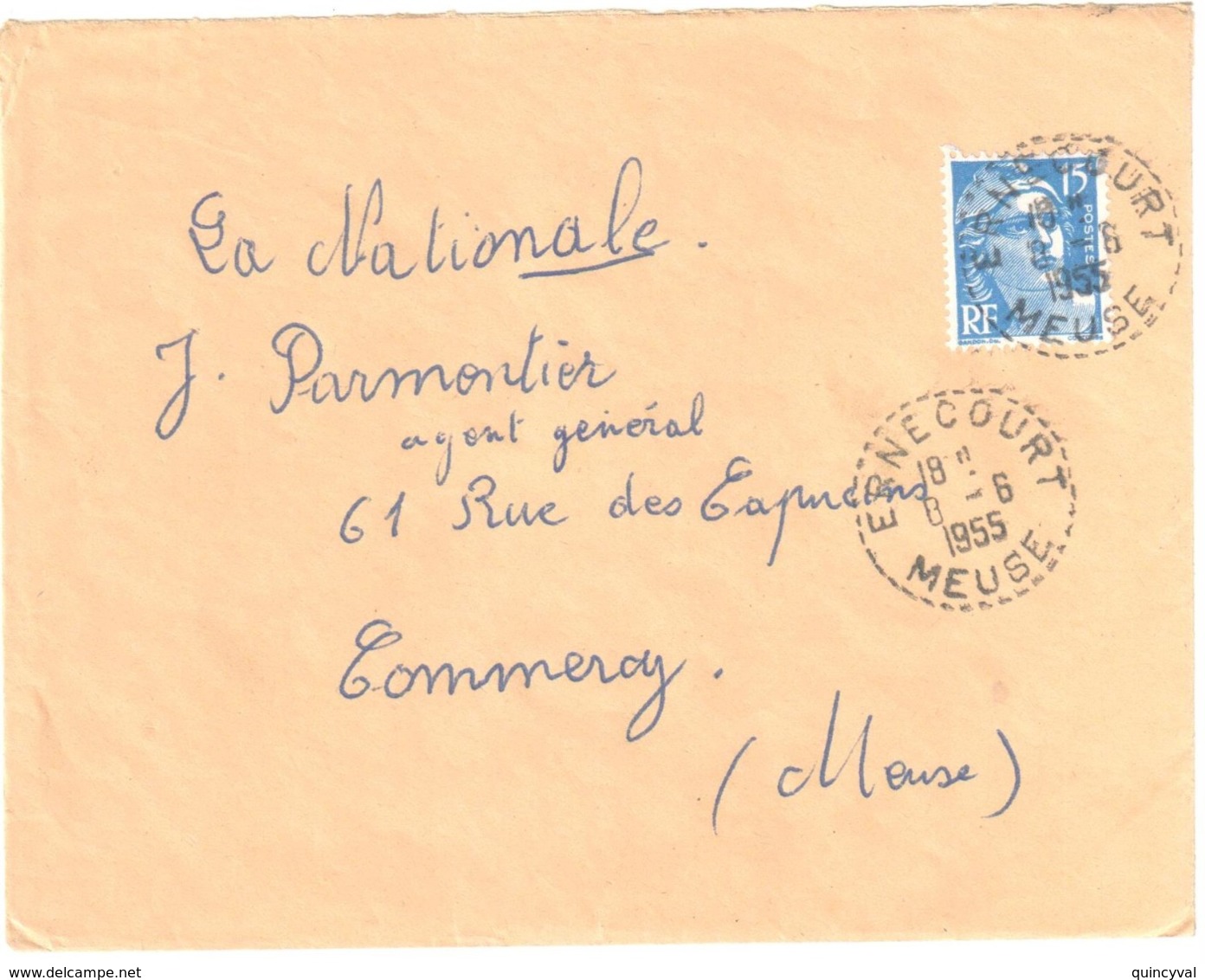 ERNECOURT Meuse Lettre 15 F Bleu Gandon Yv 886 Ob Cercle Pointillé Lautier B7 - Lettres & Documents