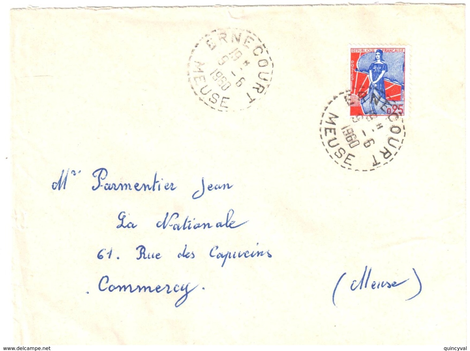 ERNECOURT Meuse Lettre 0,25 F Marianne à La Nef  Yv 1234 Ob 1960 Cercle Pointillé Lautier B7 - Storia Postale